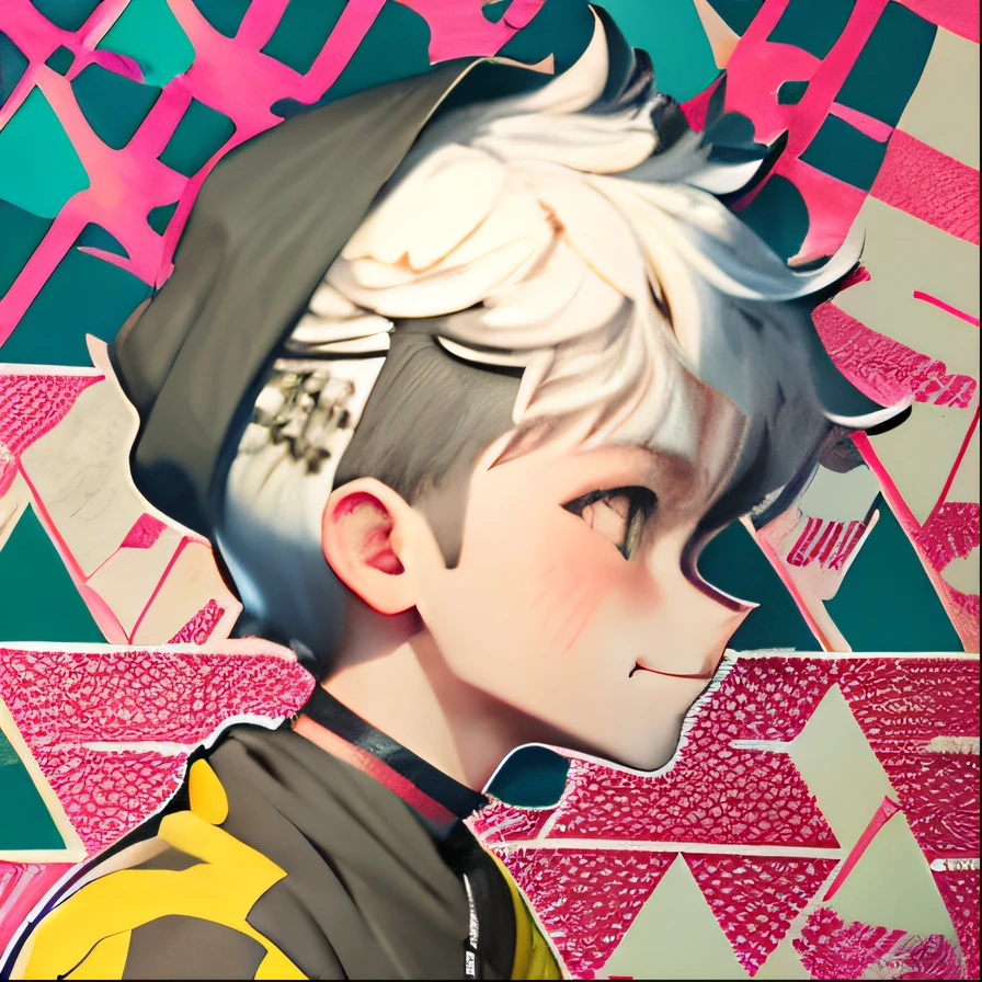 ultra-quality, ( ultra detailed original illustration), ((Chibi Mode)),( Happy look of a boy, Red Eye, Short hair, White hair, Sunny Smile, Upper body, Perfect body), ((street wear,Parker Fashion)), ((cherry blossom)(Graffiti)), double exposure, fussion of fluid abstract art, glitched, ( 2D), ( original illustration composition), ( fusion of limited color, maximalism artstyle, geometric artstyle, fire, junk art), Yellow theme, Background black, ultra-quality, ( ultra detailed original illustration), ((Chibi Mode)),( Happy look of a boy, Red Eye, Short hair, White hair, Sunny Smile, Upper body, Perfect body), ((street wear,Parker Fashion)), ((cherry blossom)(Graffiti)), double exposure, fussion of fluid abstract art, glitched, ( 2D), ( original illustration composition), ( fusion of limited color, maximalism artstyle, geometric artstyle, fire, junk art), Yellow theme, Background black, 1 boy,star-shaped pupils,Fingernails,White hair,Purple eyes,(blush:1.1),Choker,Upper body,trembling,sideways Facing,kirakira,(SPEEDLINE:1.1), Black hoodie,Handsome man in profile,Color to lineart