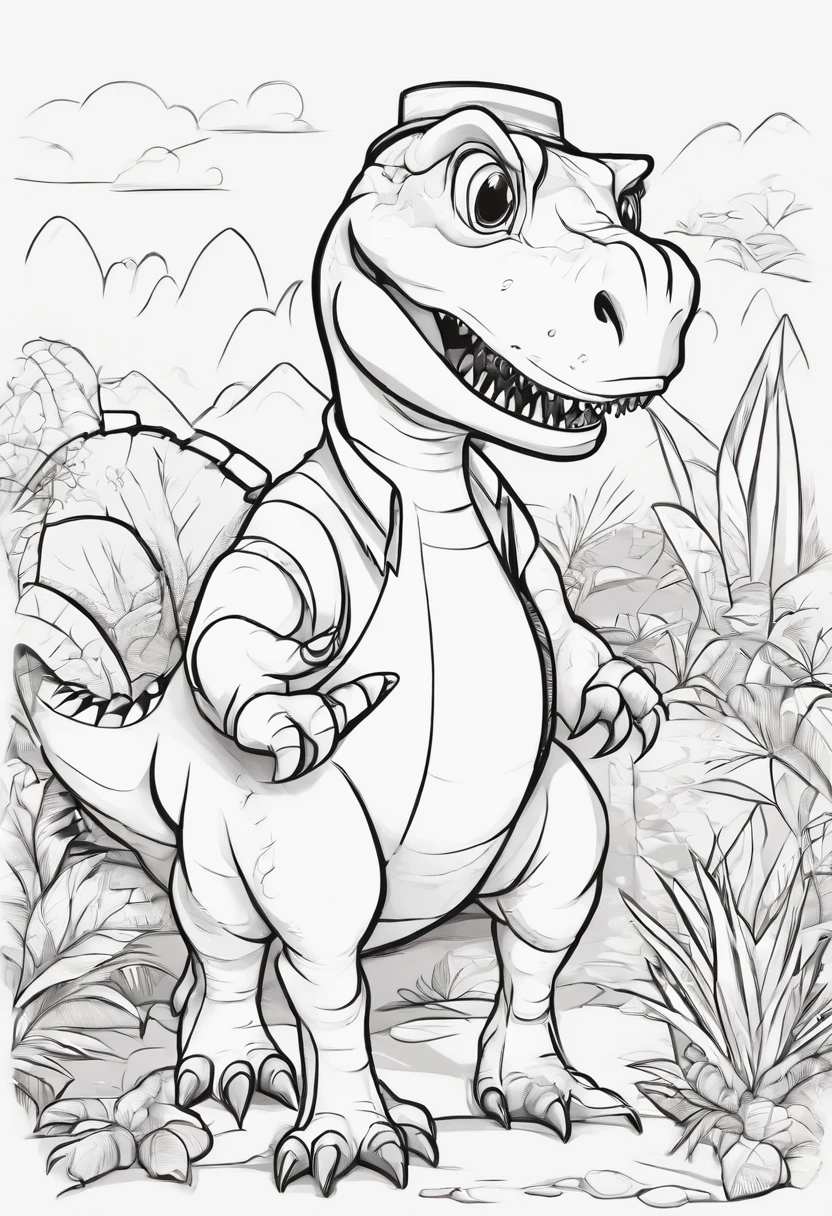 Create black and white pages of dinosaurs, wearing various occupational outfits, cute cartoon style., No shading, No shadow, no background, Sharp strokes