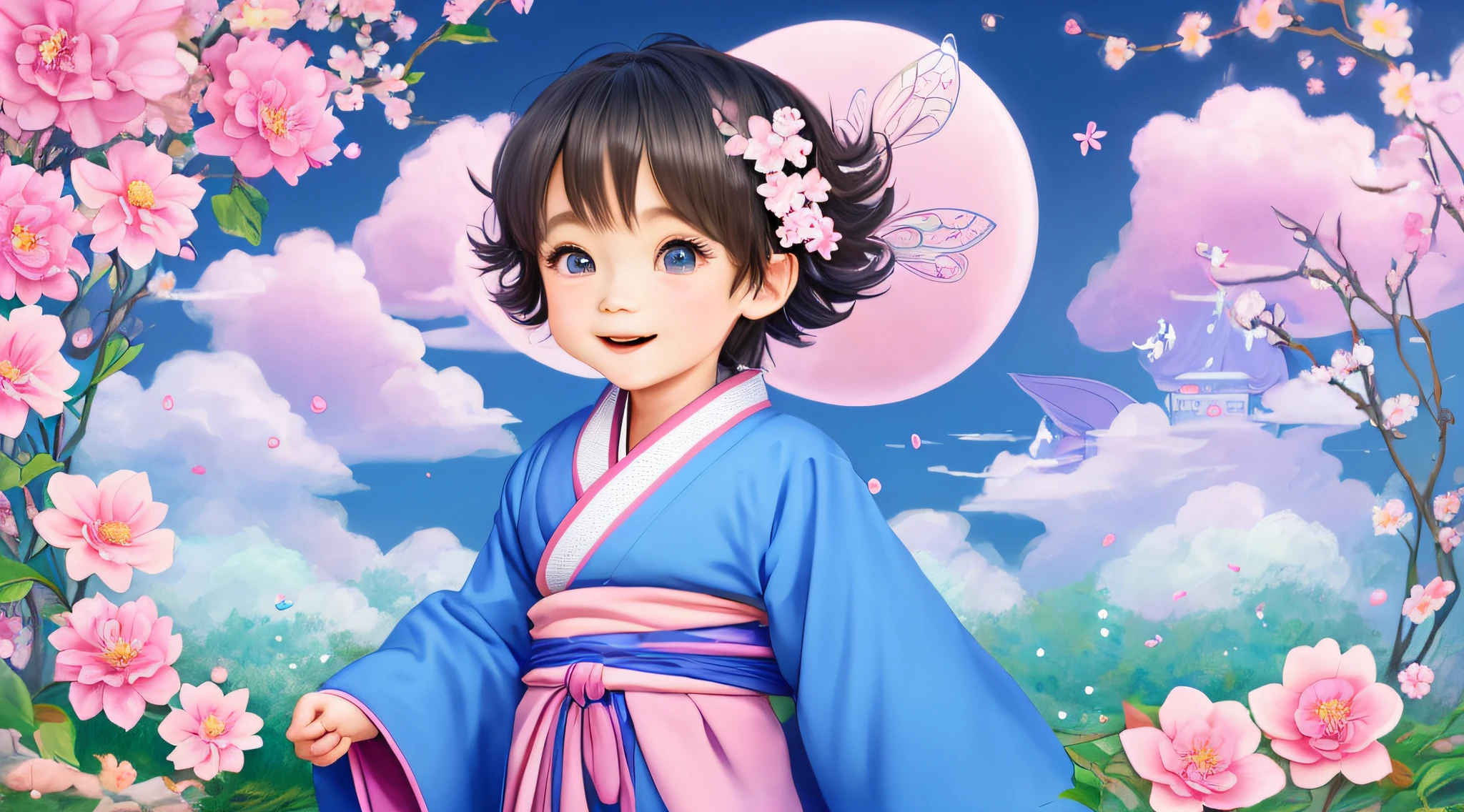  boy in sports kimono, small nose, big eyes, blue eyes, pink background, Flowers, Vases, Dreams, open mouth, Smile, pastel Caroline Chariot-Dayez, tumblr, fairy-tale art, elokitty, stylized fairytale Disney, floating ears, High Resolution, fairy-tale art!!! luna, Small in size