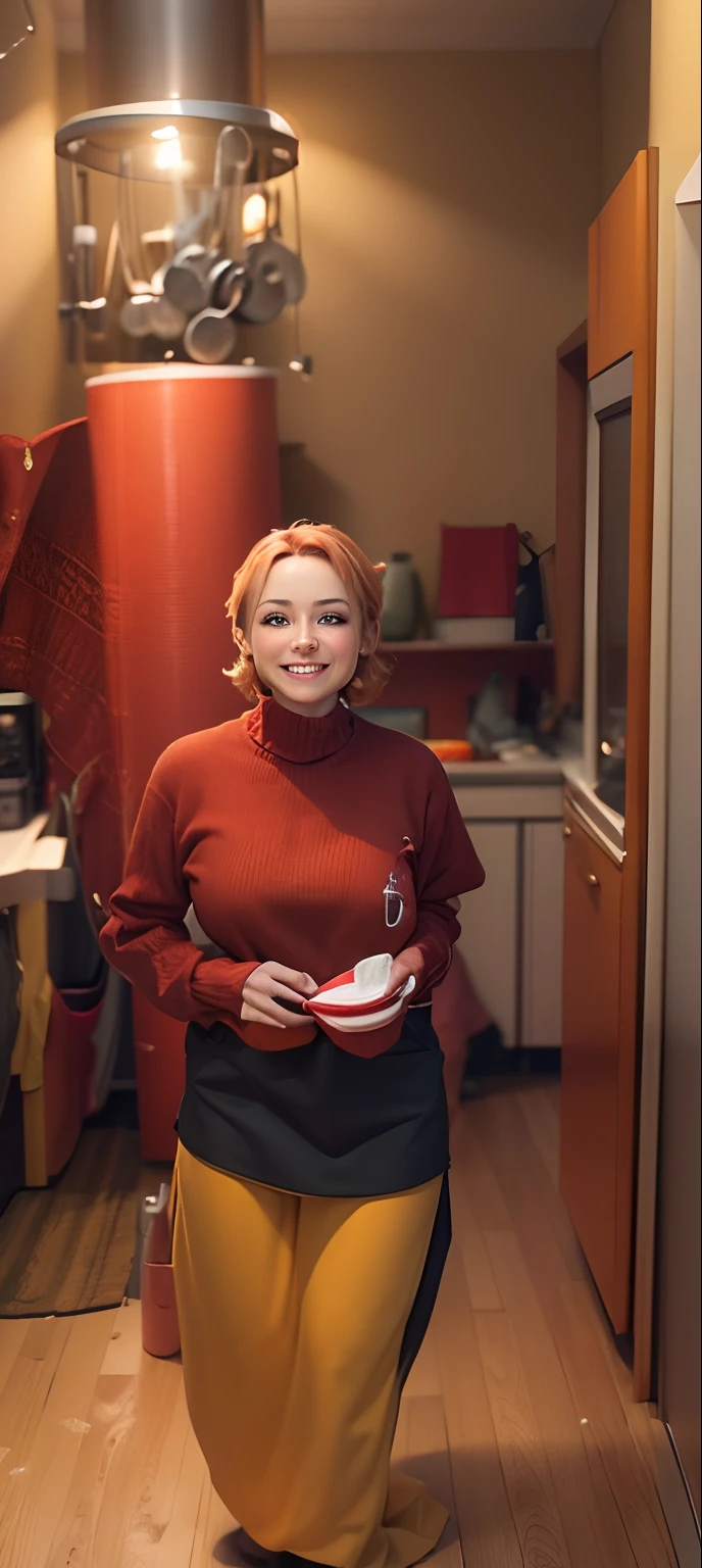 a beauty photo of 5-volt,wearing red sweater, yellow apron, green pants, standing, looking at viewer, smiling, happy,
indoors, kitchen, soft natural lighting, extreme detail, hdr,