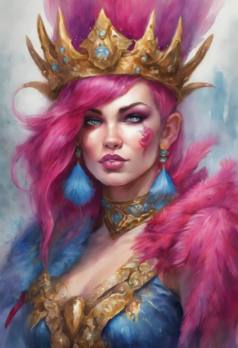 King Behemoth anime girl, fuchsia mohawk, warrior, golden armor, fuchsia claws, horns and spikes, long yellow tail with blue spikes, blue glowing eyes, sabertooth fangs, masterpiece, best quality