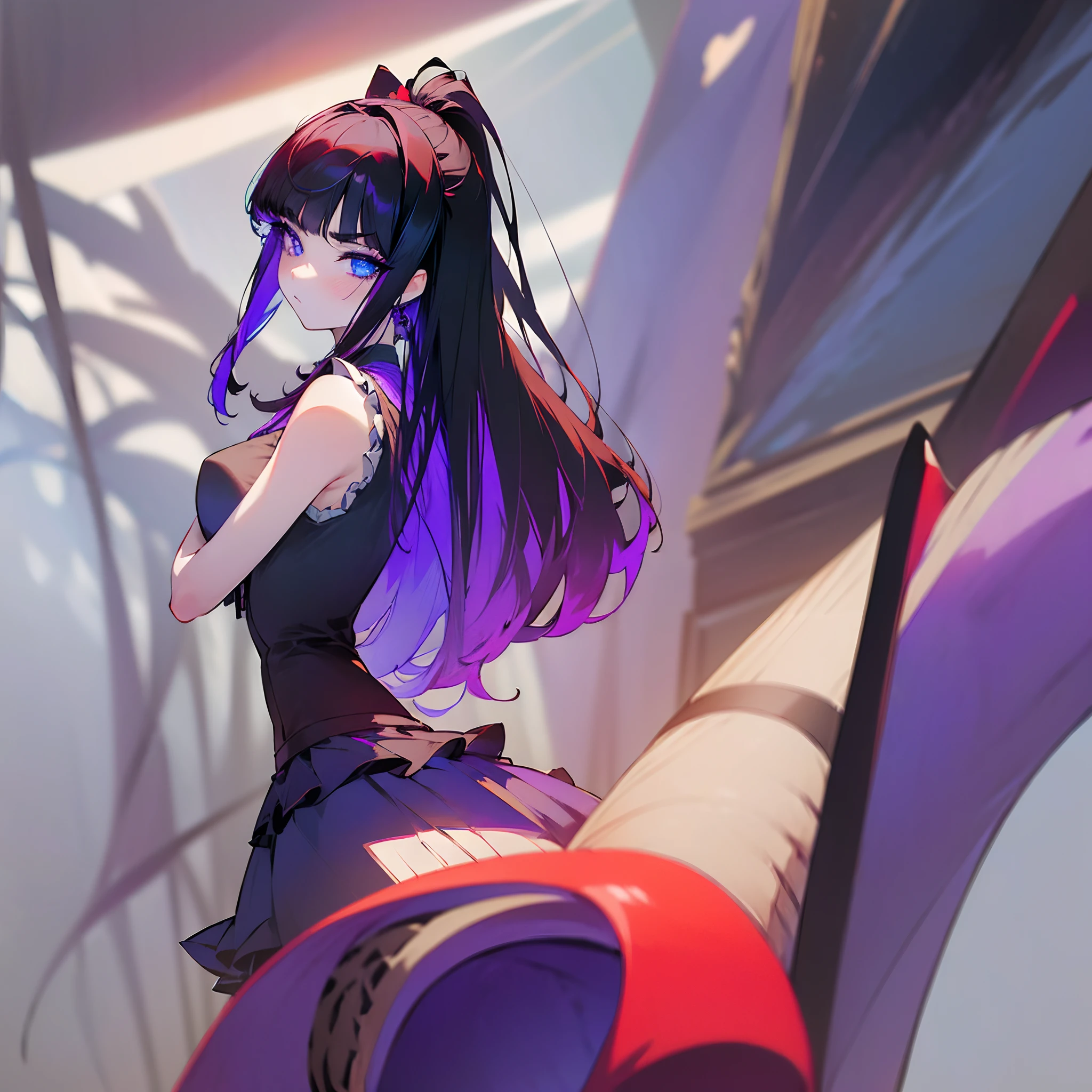 (Masterpiece, best quality, highest resolution), (1 girl, solo, goth girl, full picture, raytracing, melancholic expression, purple smokey eye makeup), (blue eyes, black hair), ((red fringes)), long hair, sleeveless shirt, corset, skirt, frills, glossy white kneehighs