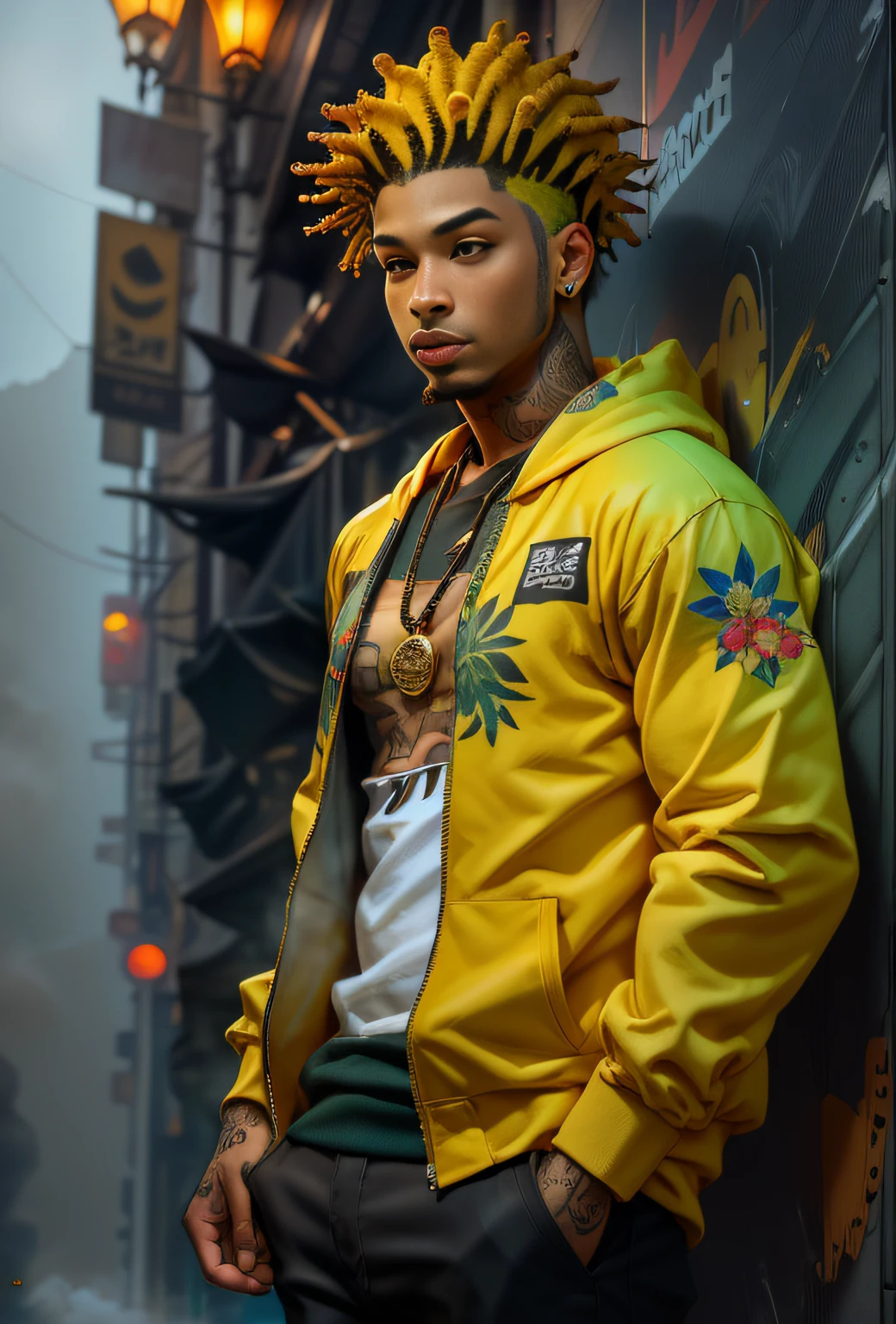 verde: 1.5, amarelo ocre: 1.1, branco: 1.3, amarelo: 1.3, (rapper com cabelo Draw pavor), tatuagens, (roupas puffer do poder: 1.2), flores, folhas, a lot of fog, linhas, tatoos noshirt