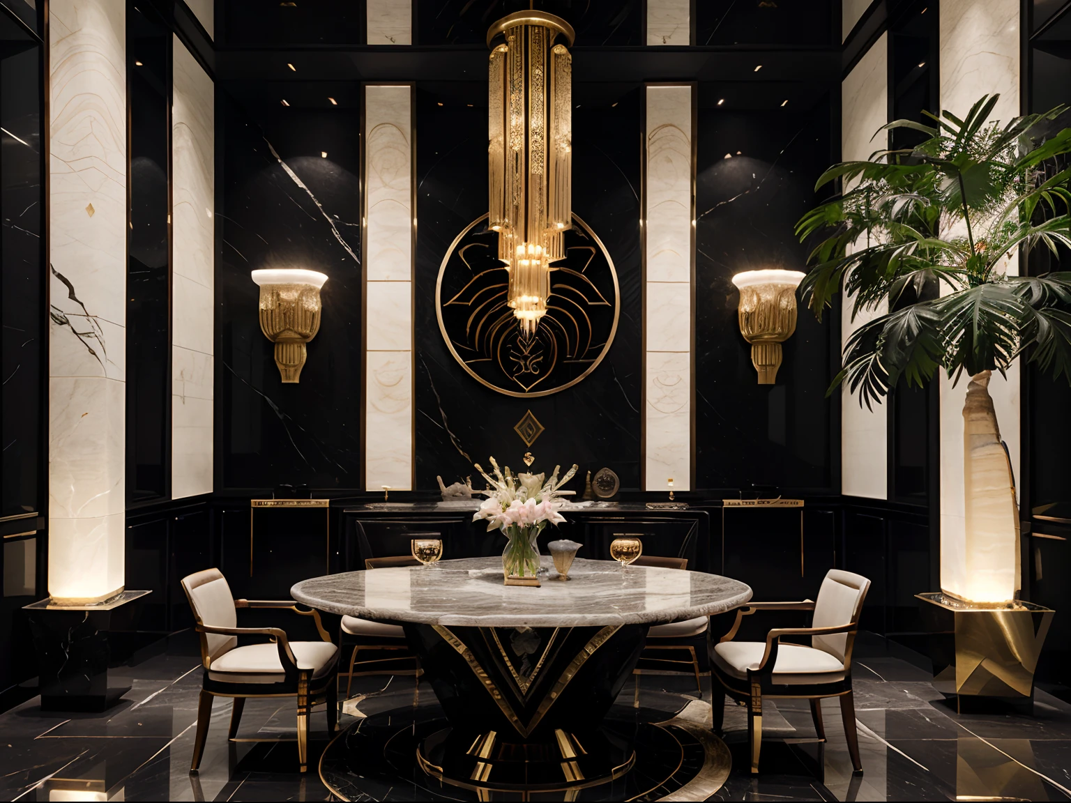incredible luxurious futuristic interior dinning room in Ancient Chinese style with many ((lush plants)) (lotus flowers), ((palm trees)), rocky walls, (sand), ((amazing waterfalls)), (marble), ((precious minerals)), ((metals)), (gemstones), crystals, clouds and ((water)), futuristic luxury furniture, crocodiles, ((hieroglyphics)), (((ultra luxury))), (black marble) – with ((beautiful lights)), Unreal Engine, HQ, 16k