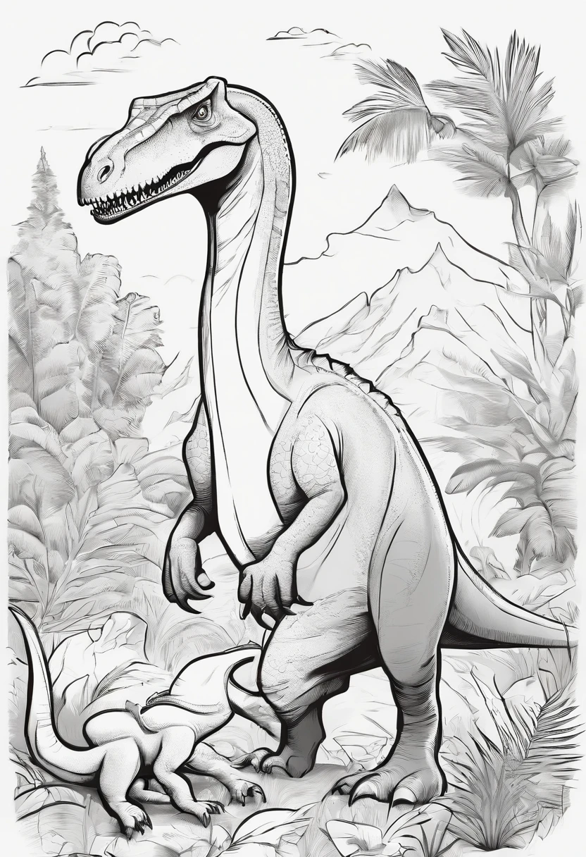 Create a black and white page of dinosaurs, Wear various occupational outfits., cute cartoon style., No shading, No shadow, no background, Sharp strokes