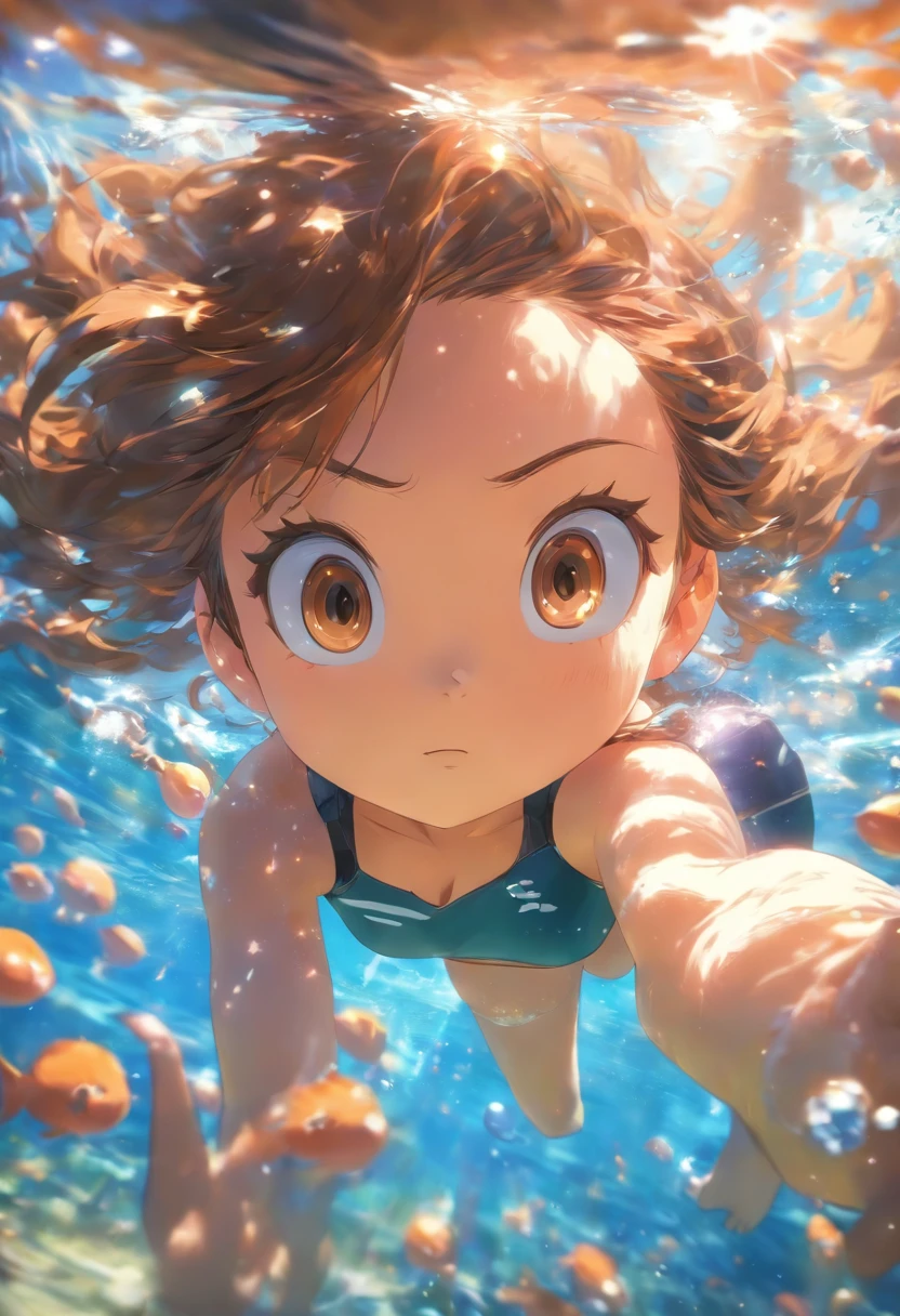 foreshortening, Depth of field, Masterpiece, Best quality, 1girll, Brown hair, Brown eyes, Long hair, Underwater, airbubble, Solo, view the viewer, School swim wear, Swimming, Dappled sunlight,