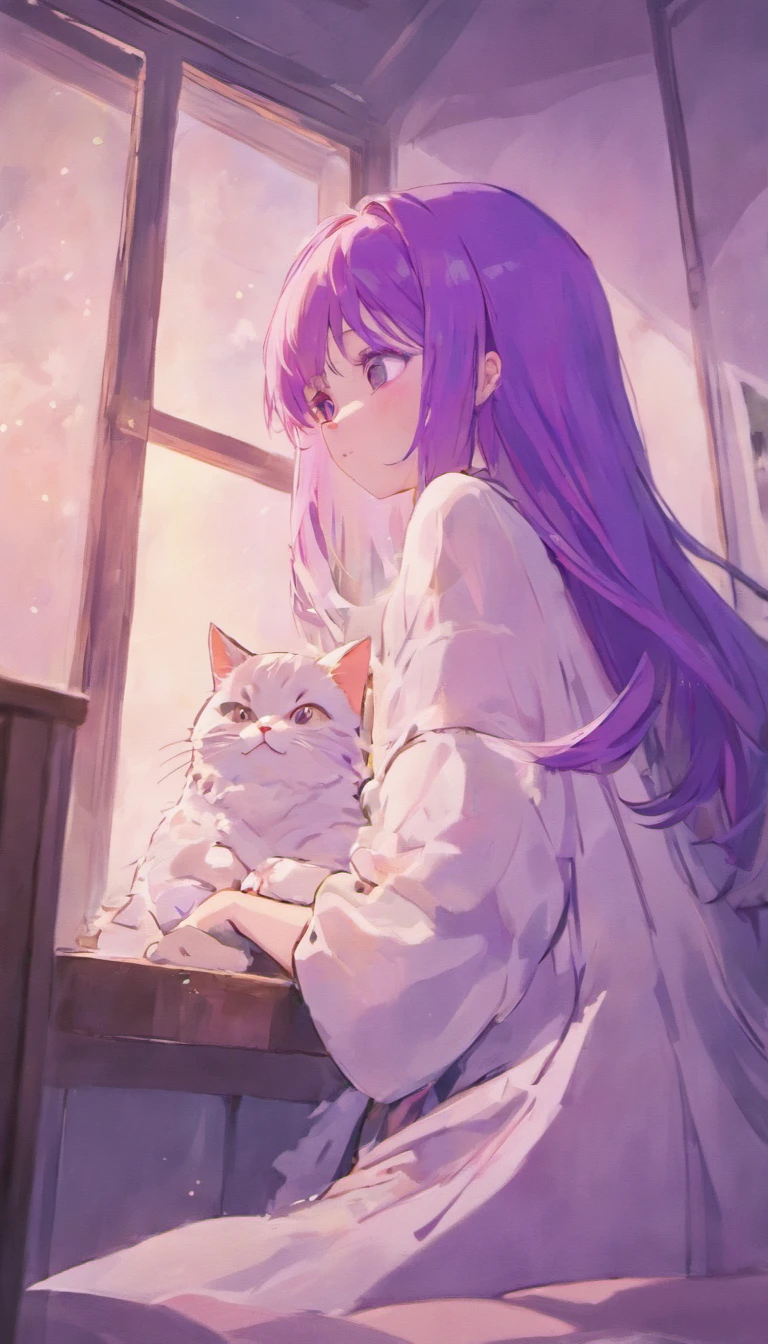 Purple haired girl，White purple-eyed cat，Snuggle together，Girl room background，Pleasant view from the window