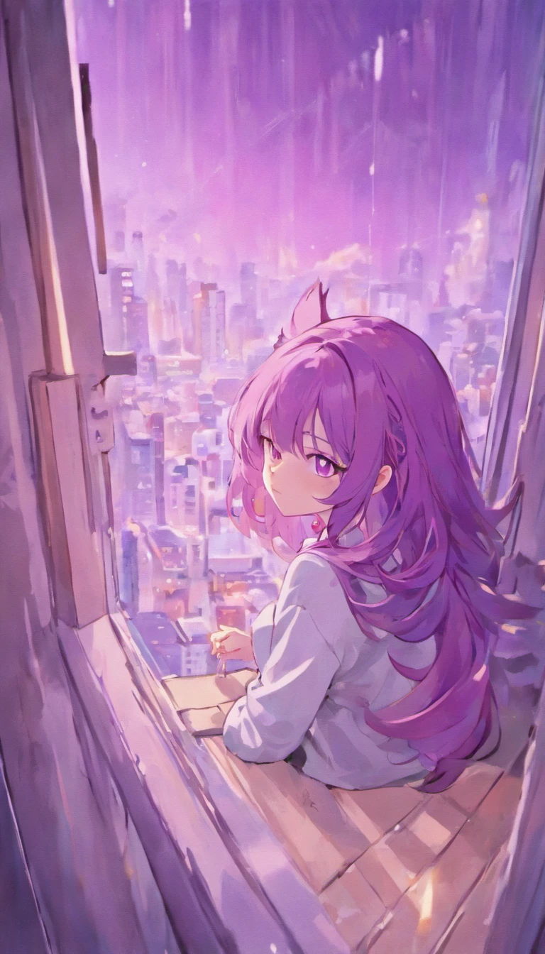 Purple haired girl,White purple-eyed cat,Snuggle together,Girl room background,Pleasant view from the window