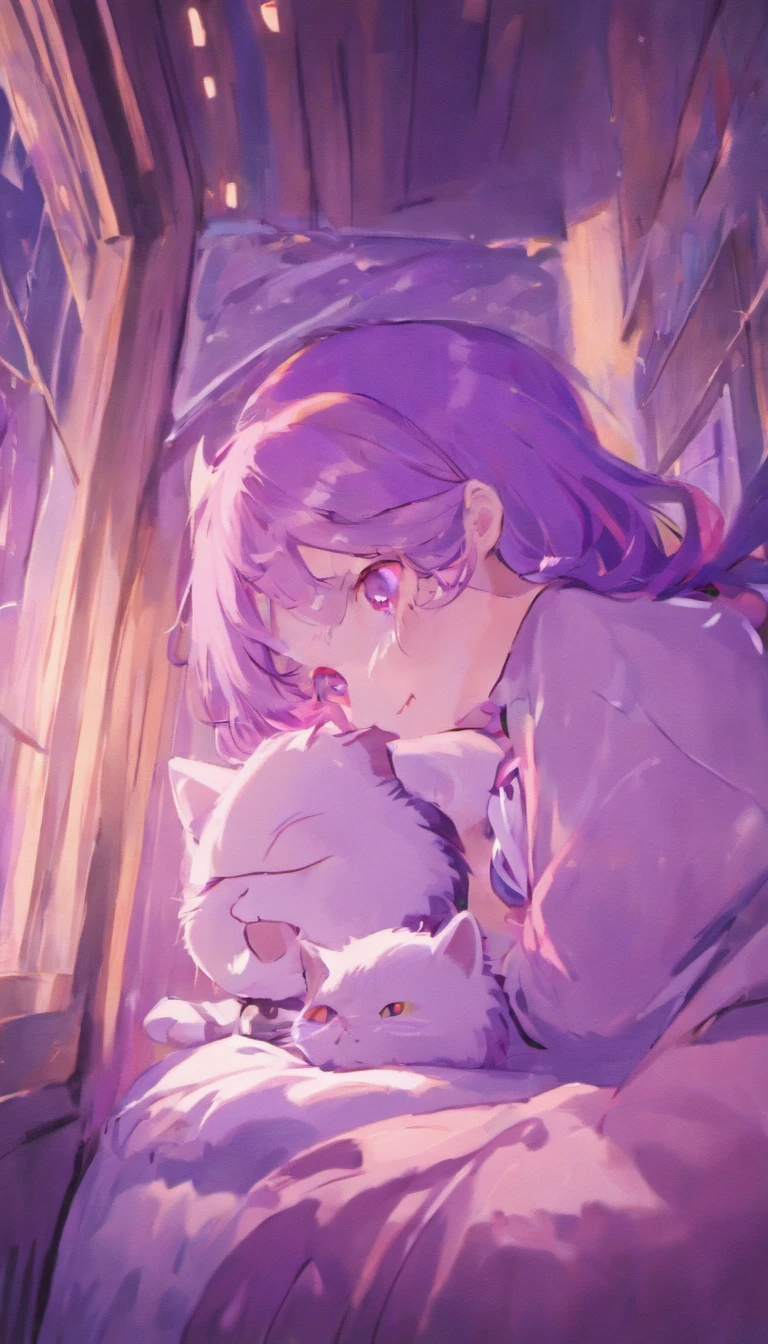 Purple haired girl,White purple-eyed cat,Snuggle together,Girl room background,Pleasant view from the window