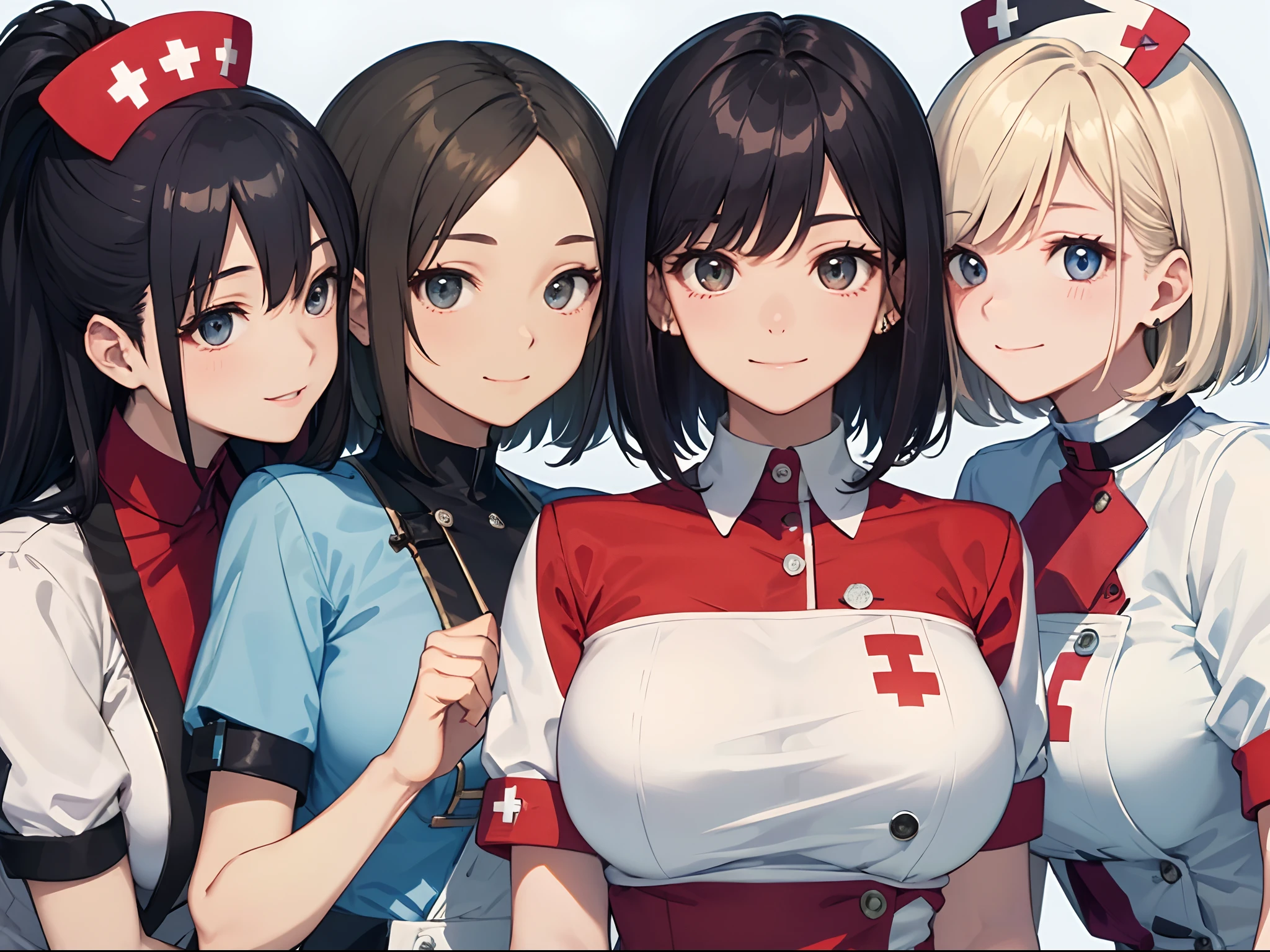 masterpiece、top-quality、detaile、hight resolution、extremely delicate and beautiful、Short bob with black hair、simple background、upper body closeup、beutiful breast、nurse's outfit、Smile、multiple female、5 women、4 females、3 women、