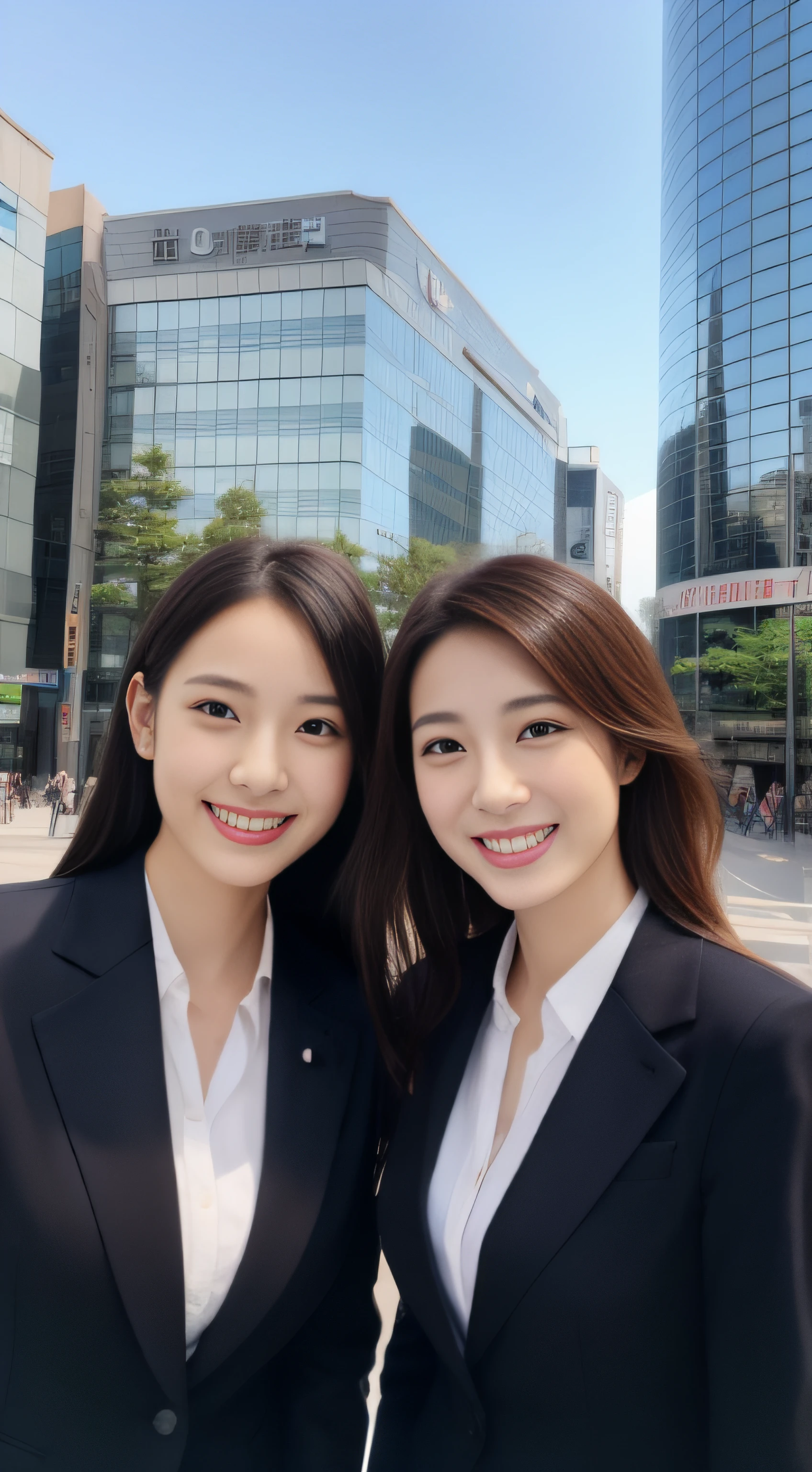 The face is a hostess、Business suits、hiquality、A hyper-realistic、healthy、Smiling expression、Slender perfect figure、Japan beauties、beautidful eyes、face perfect、Beautiful skin、the background is a tall building