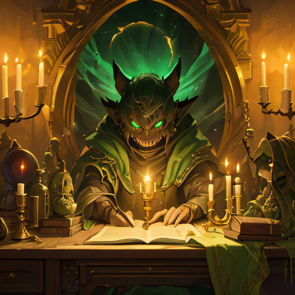 (best quality,highres:1.2), detailed goblin, contracts, sinister smile, powerful god of contracts, dark and mysterious atmosphere, glowing green eyes, long and sharp claws, ancient scrolls, dusty old room, dim candle light, golden ink, mystical symbols, eerie ambiance,  eight arms,