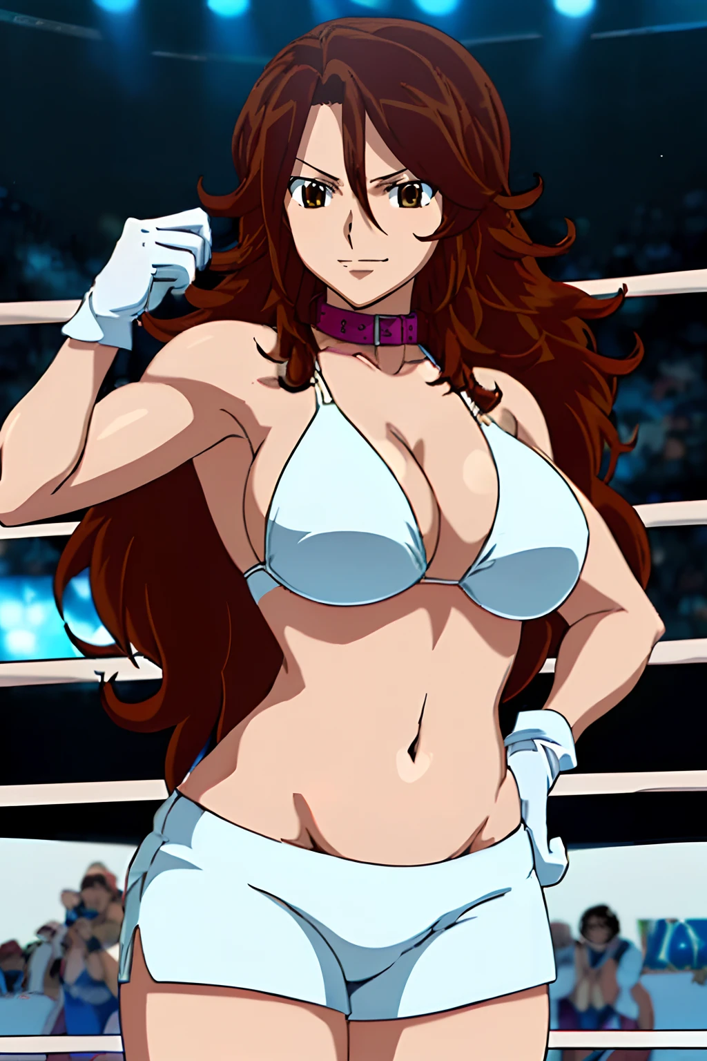 cowboy shot, body view, anime style: 1.8, anime drawing, ultra detailed face, ultra detailed body, 4k, Sumergai Lee Noriega, (standing), best quality, anime style, hires, highest definition, digital blending, bold drawing lines, ((, female wrestler), (location: wrestling arena, crowds watching), ( little biceps, thighs, off-shoulders, (curvy: 2.8)), ((white bikini, shorts, groin, , white gloves, collar)), victorious, winner, smirking, (big breasts, smirking), (big eyes, brown eyes), (clapping), (brown hair, loose hair, curly hair, wavy hair, long hair, missy hair), 27 years old, clapping
