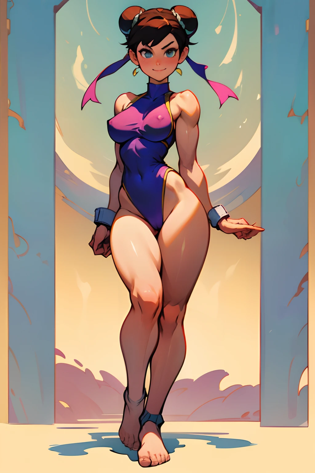 full body view of Chun Li (capcom, snk, street fighter), (Capcom vs SNK), (masterpiece), fit body, sexy smile, smirk, two hair buns, big breasts, perky breasts, hard nipples, nipslip, nip.slip, visible areolas, visible nipples, cleavage, thick thighs, thigh gap, cameltoe, visible crotch, upskirt, no shoes, bare feet, naked feet, pretty feet, beautiful feet, perfect feet, beautiful toes, standing daring you to come closer,