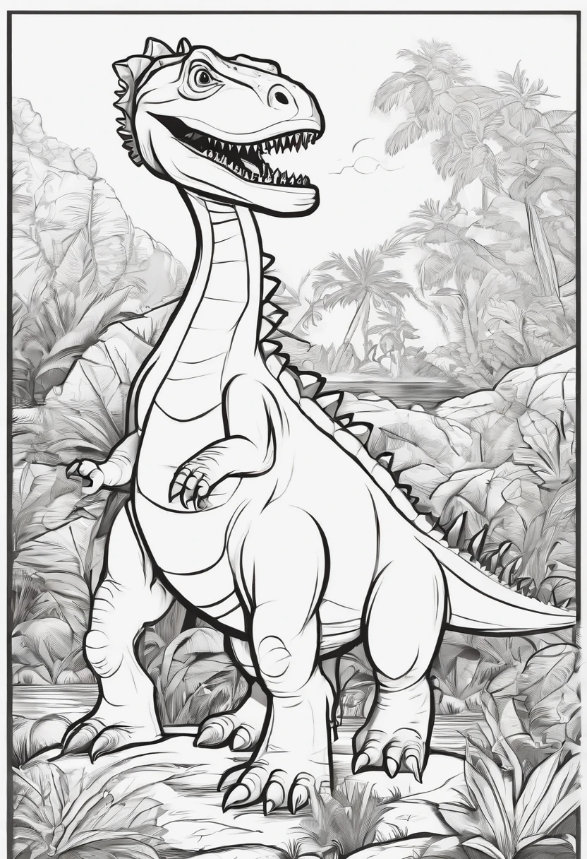 Create a black and white page of dinosaurs, Wear various occupational outfits.., cute cartoon style., No shading, No shadow, no background, Sharp strokes, only one build.