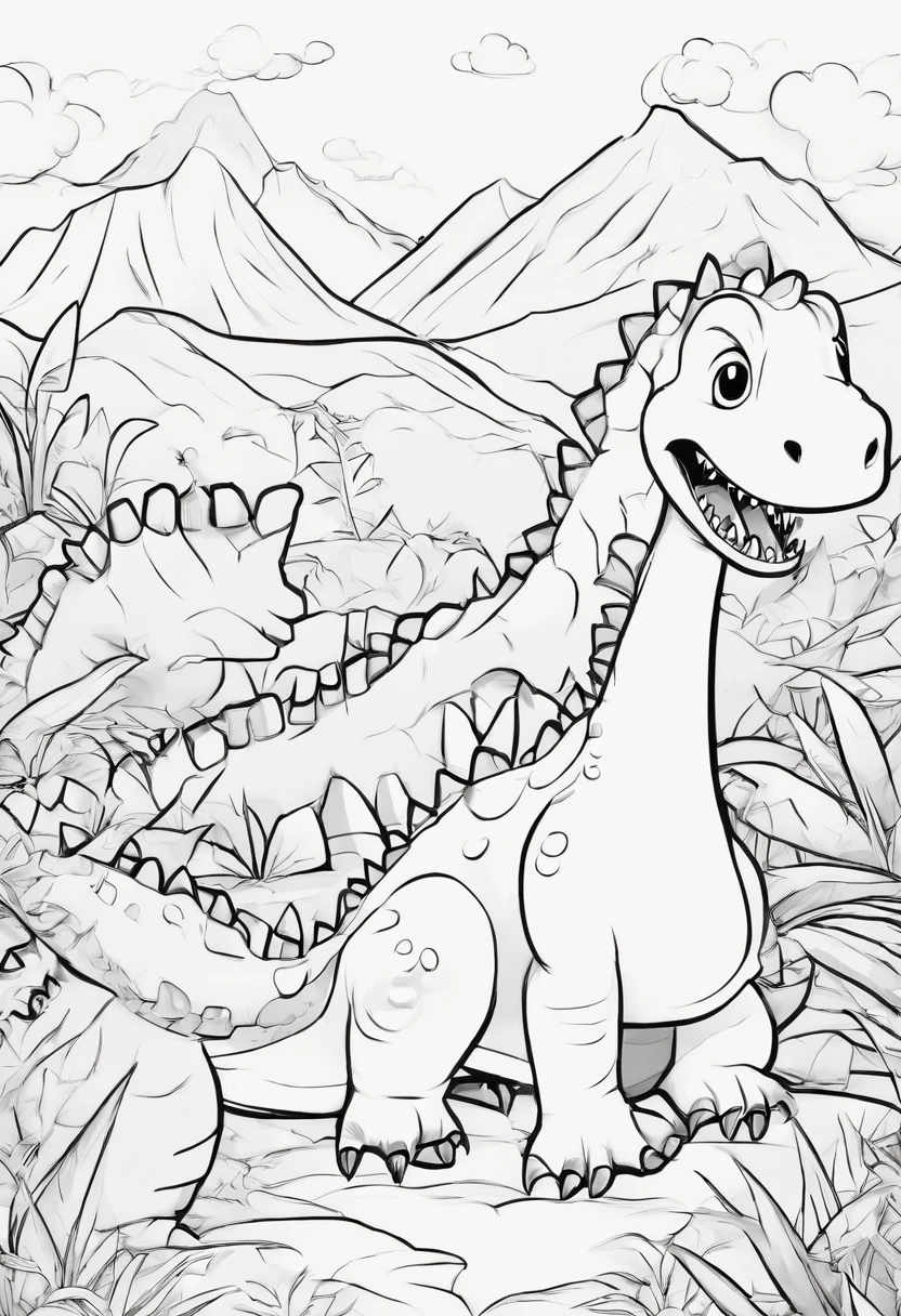 Create a black and white page of dinosaurs, Wear various occupational outfits.., cute cartoon style., No shading, No shadow, no background, Sharp strokes, only one build.