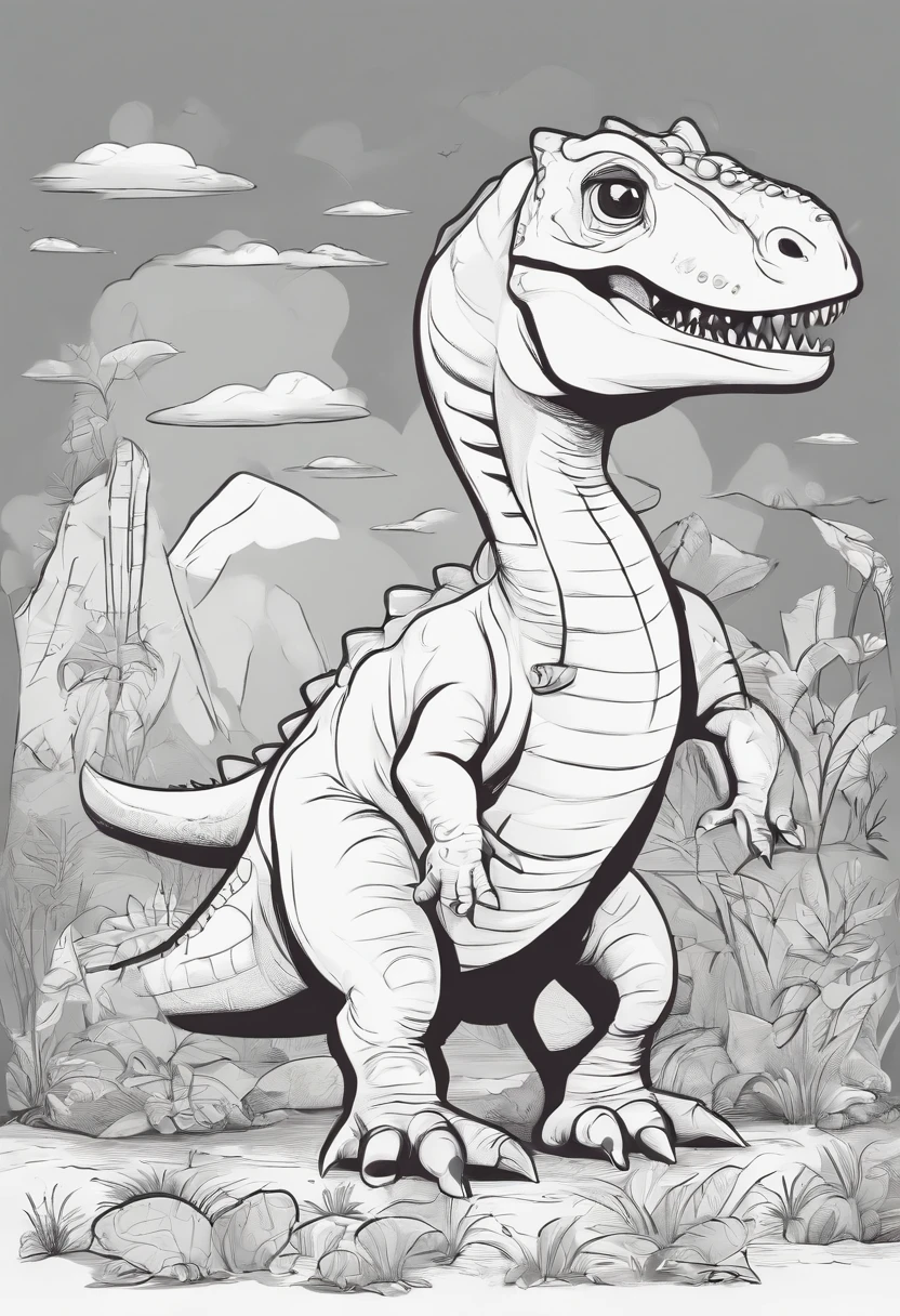 Create a black and white page of dinosaurs, Wear various occupational outfits.., cute cartoon style., No shading, No shadow, no background, Sharp strokes, only one build.