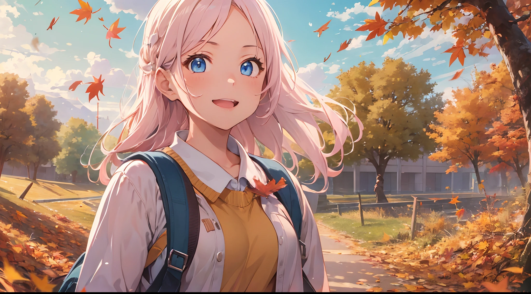 A girl with light pink hair and blue eyes, wearing a school uniform, carrying a backpack, walking and smiling. Autumn landscape, falling autumn leaves, autumn trees. best quality, highly detailed, masterpiece, ultra-detailed 4k ultra.