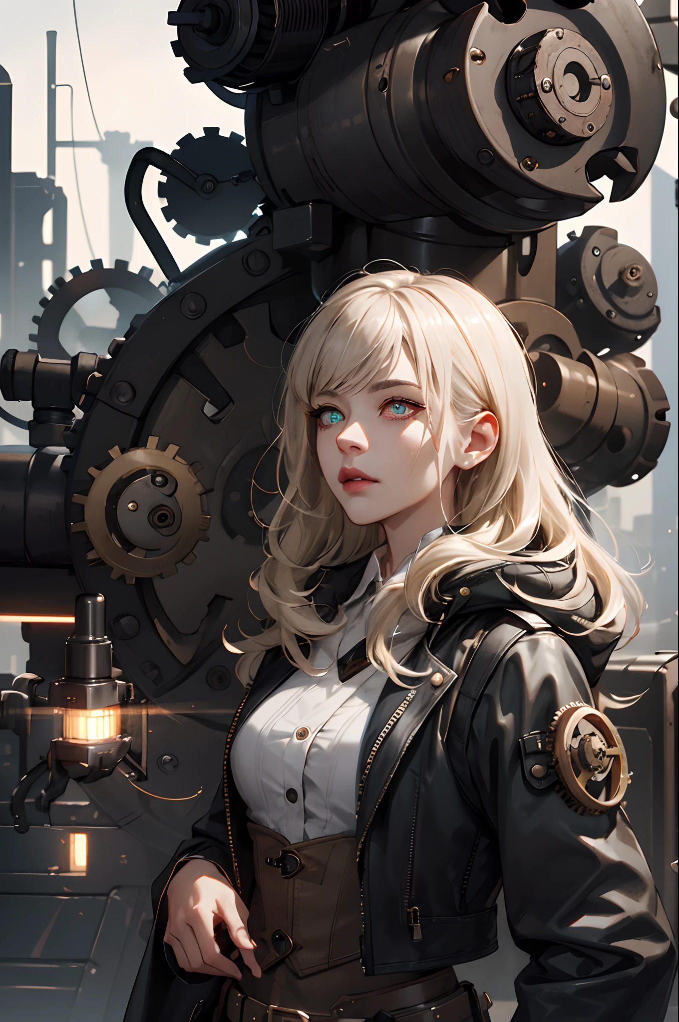 (absurdres, highres, ultra detailed), 1woman, mature female, aged up, wavy long hair, split-color hair, heterochromia, bangs, long sleeves, finely detailed eyes and detailed face, extremely detailed CG unity 8k wallpaper, intricate details, (style-rustmagic:0.8), (medieval cyborg:0.8), portrait, (bloody wounds:0.7), looking at viewer, solo, half shot, detailed background, (steampunk theme:1.1) determined expression, dark couds technomancer, floating lights, color leather vest with gears, techwear, jetpack, workshop in background, machines, gears, steam, industry, technology, furnace, grime, anvil, buttons, levers, automaton, electricity, electric sparks epic atmosphere, portrait