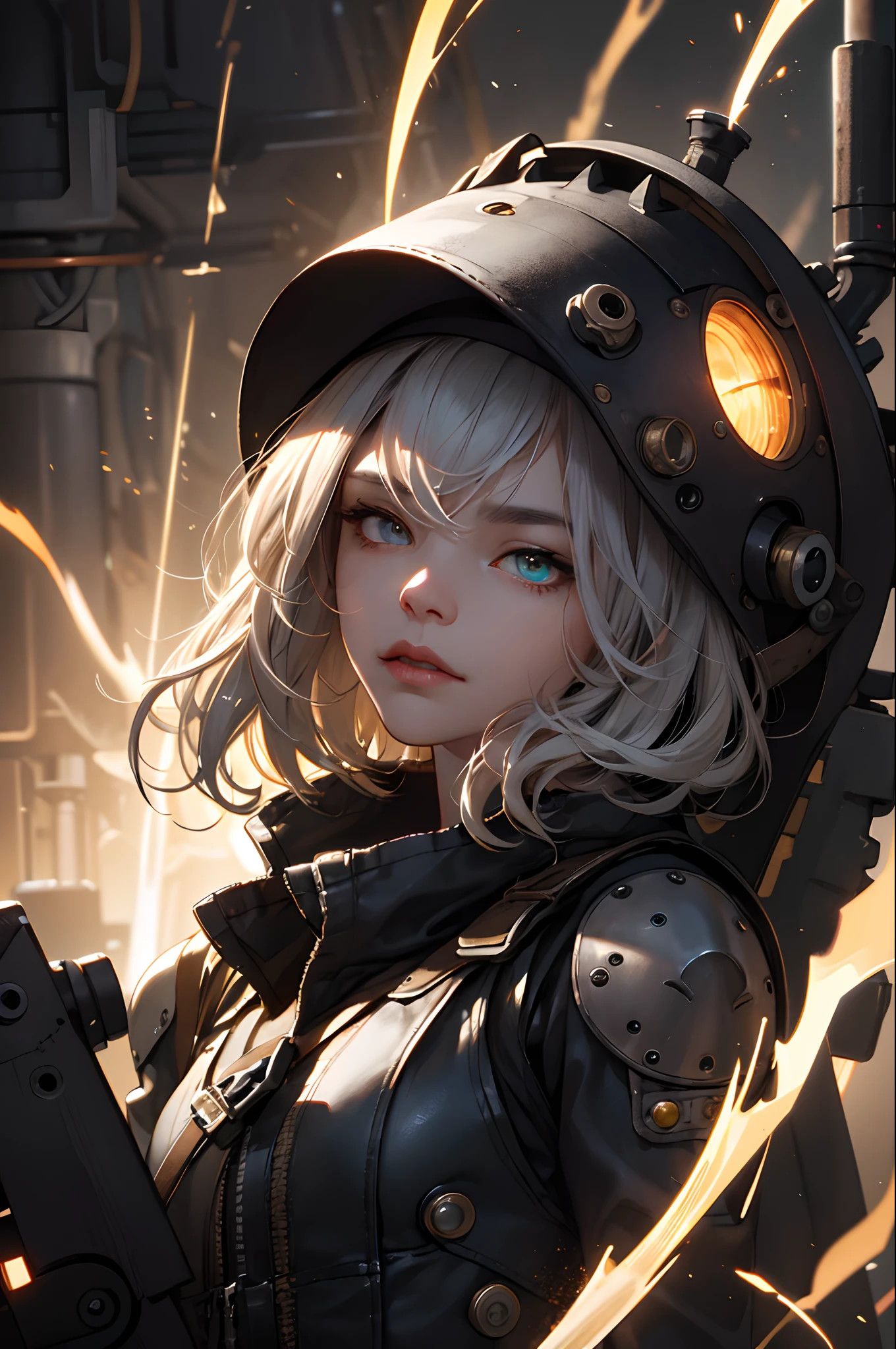(absurdres, highres, ultra detailed), 1woman, mature female, aged up, wavy long hair, split-color hair, heterochromia, bangs, long sleeves, finely detailed eyes and detailed face, extremely detailed CG unity 8k wallpaper, intricate details, (style-rustmagic:0.8), (medieval cyborg:0.8), portrait, (bloody wounds:0.7), looking at viewer, solo, half shot, detailed background, (steampunk theme:1.1) determined expression, dark couds technomancer, floating lights, color leather vest with gears, techwear, jetpack, workshop in background, machines, gears, steam, industry, technology, furnace, grime, anvil, buttons, levers, automaton, electricity, electric sparks epic atmosphere, portrait