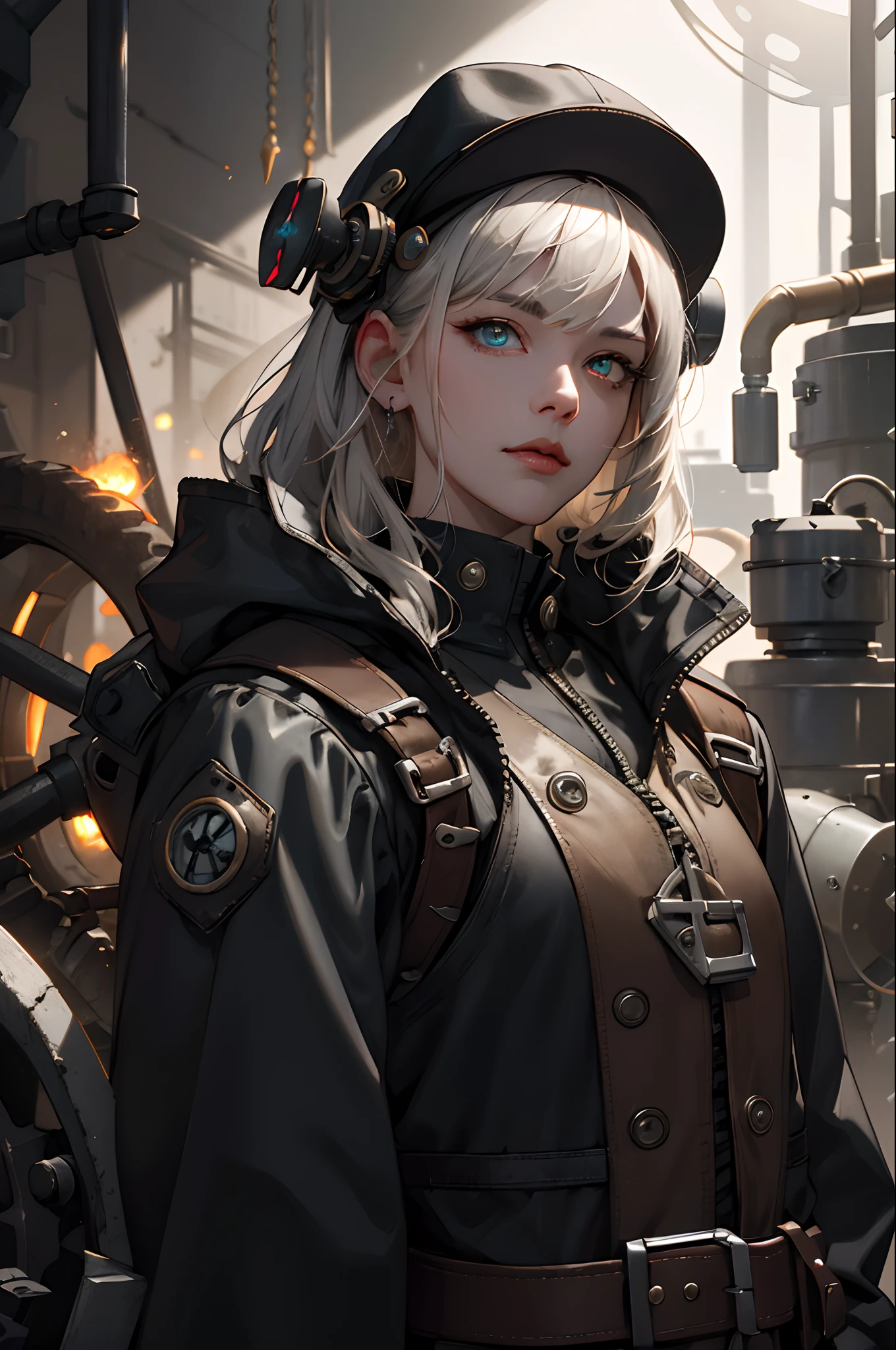 (absurdres, highres, ultra detailed), 1woman, mature female, aged up, wavy long hair, split-color hair, heterochromia, bangs, long sleeves, finely detailed eyes and detailed face, extremely detailed CG unity 8k wallpaper, intricate details, (style-rustmagic:0.8), (medieval cyborg:0.8), portrait, (bloody wounds:0.7), looking at viewer, solo, half shot, detailed background, (steampunk theme:1.1) determined expression, dark couds technomancer, floating lights, color leather vest with gears, techwear, jetpack, workshop in background, machines, gears, steam, industry, technology, furnace, grime, anvil, buttons, levers, automaton, electricity, electric sparks epic atmosphere, portrait