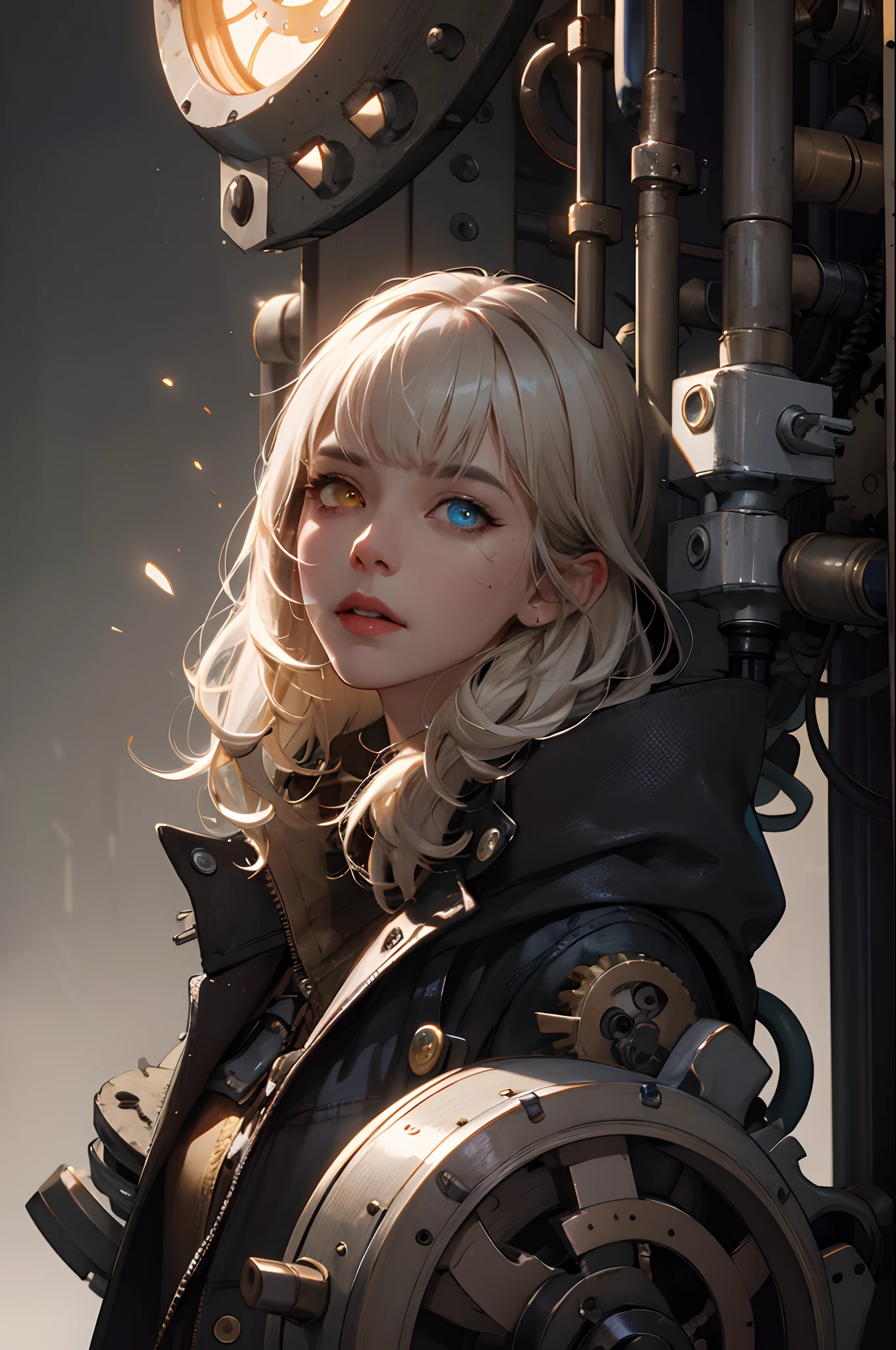 (absurdres, highres, ultra detailed), 1woman, mature female, aged up, wavy long hair, split-color hair, heterochromia, bangs, long sleeves, finely detailed eyes and detailed face, extremely detailed CG unity 8k wallpaper, intricate details, (style-rustmagic:0.8), (medieval cyborg:0.8), portrait, (bloody wounds:0.7), looking at viewer, solo, half shot, detailed background, (steampunk theme:1.1) determined expression, dark couds technomancer, floating lights, color leather vest with gears, techwear, jetpack, workshop in background, machines, gears, steam, industry, technology, furnace, grime, anvil, buttons, levers, automaton, electricity, electric sparks epic atmosphere, portrait