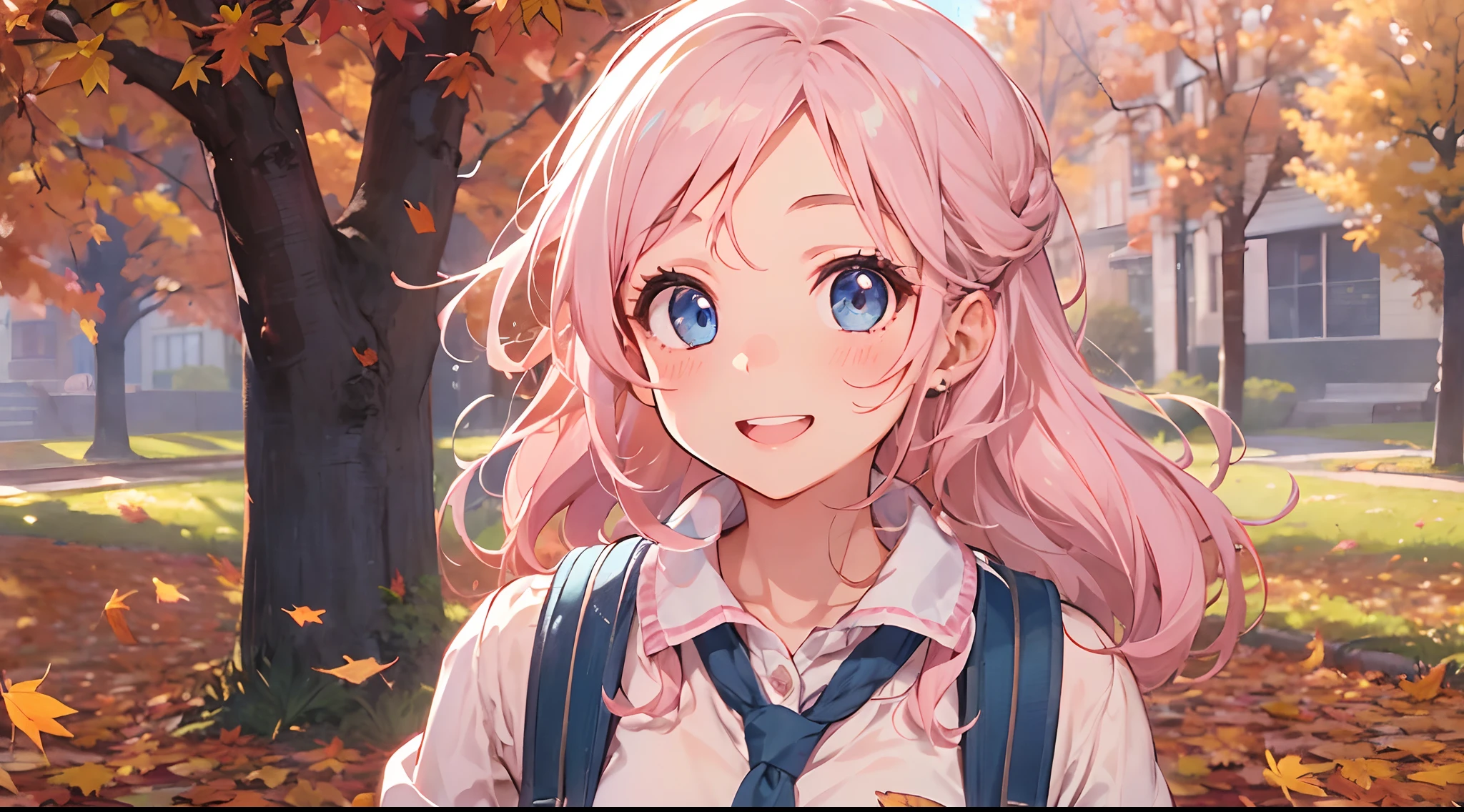 A girl with light pink hair and blue eyes, wearing a school uniform, carrying a backpack, walking and smiling. Autumn landscape, falling autumn leaves, autumn trees. best quality, highly detailed, masterpiece, ultra-detailed 4k ultra.