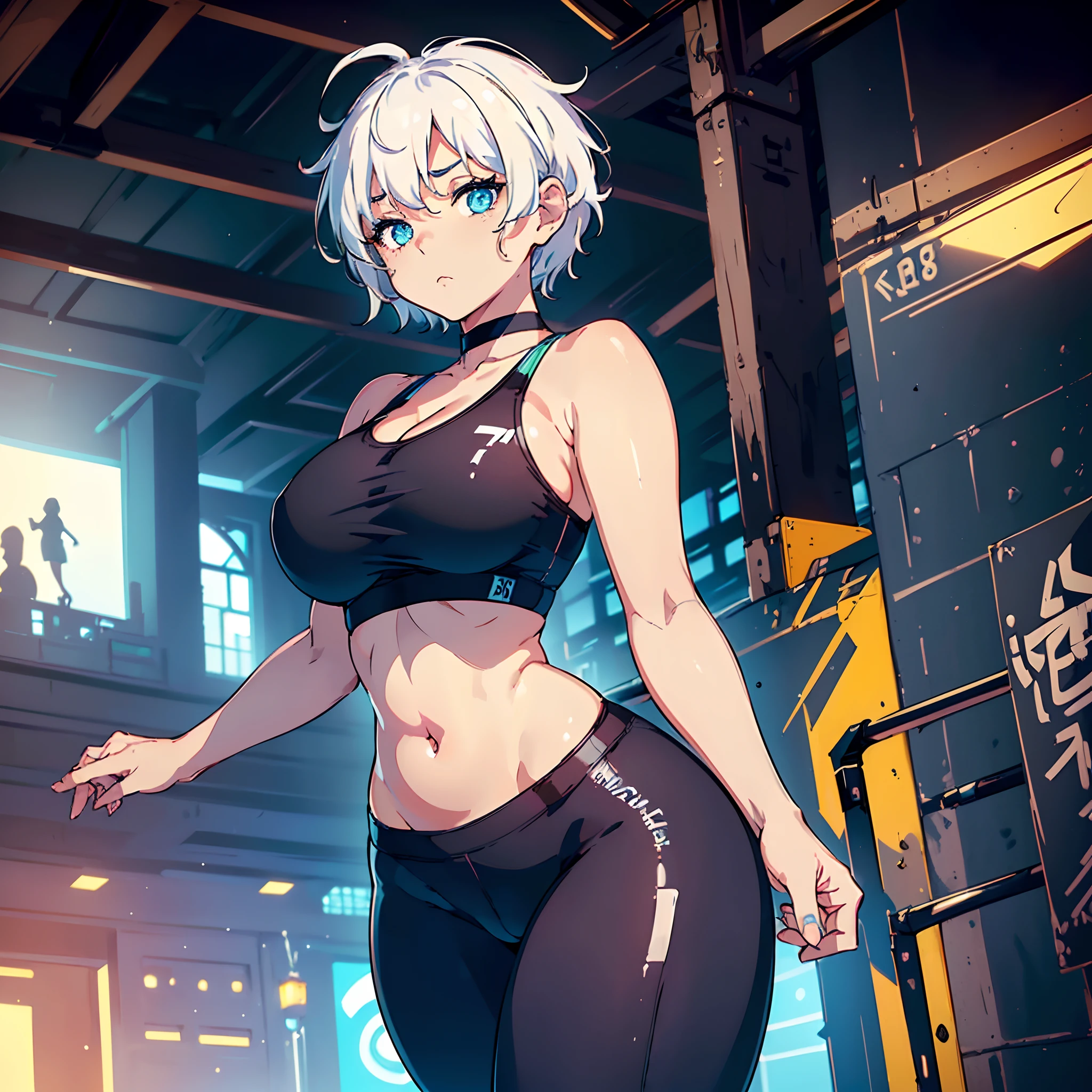 (Best quality, 8k, masterpiece, 1 girl, young girl, solo), (gorgeous girl, beautiful legs, curvy figure), ((black sports bra)), (white hair, large breasts, azure eyes), ((over-the-shoulders hair, short hair)), (black leggings, wide face, tired expression, low angle), cave in background