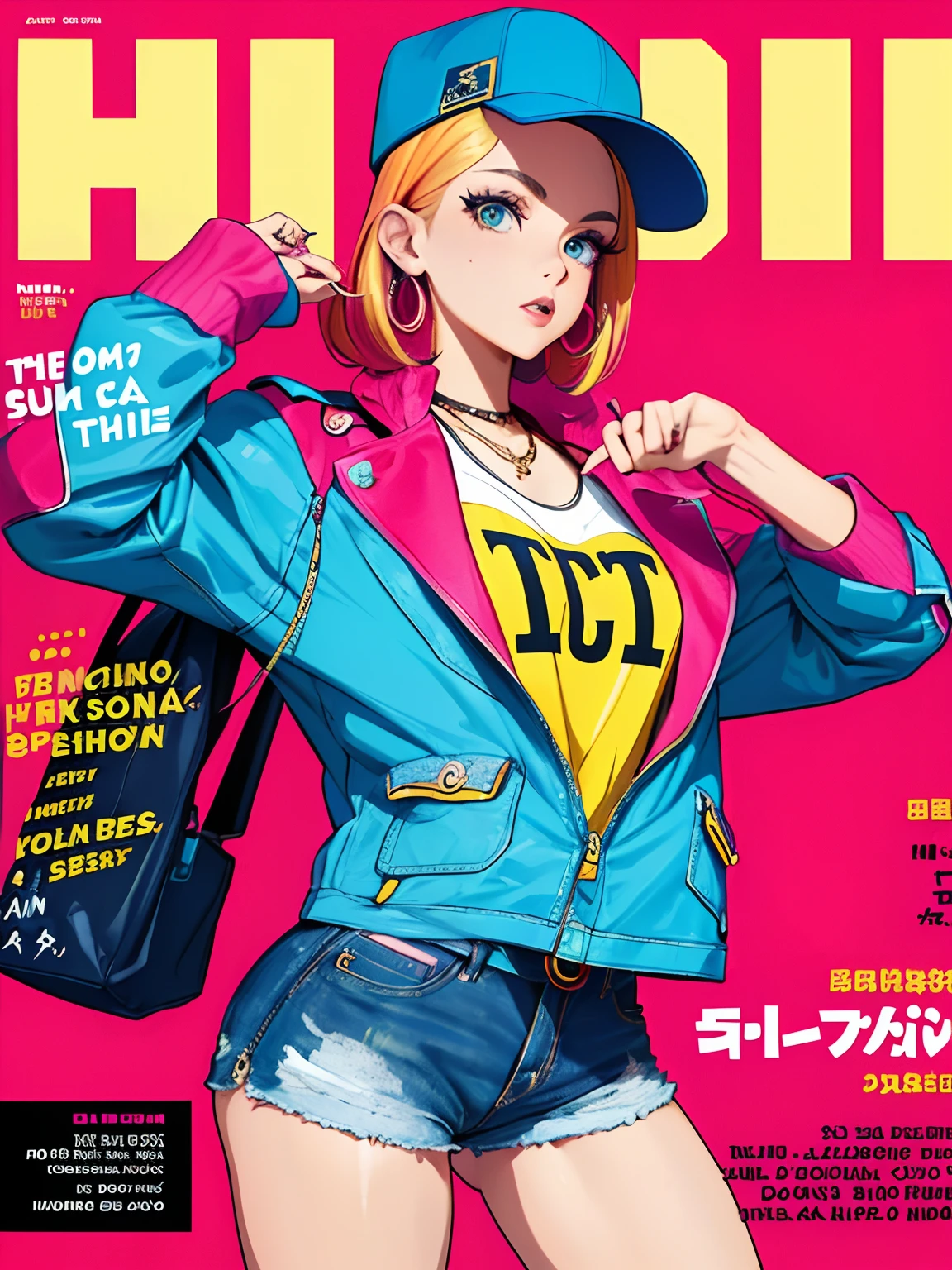 1girl, sfw, cap, shorts, jacket, (Magazine cover-style illustration of a fashionable woman in vibrant outfit posing in front of a colorful and dynamic background. She has a confident expression and is striking a pose. The text on the cover should be bold and attention-grabbing, with the title of the magazine and a catchy headline. The overall style should be modern and trendy, with a focus on fashion and lifestyle), wallpaper, crowds, fashion, contrapposto, female focus, model, cool