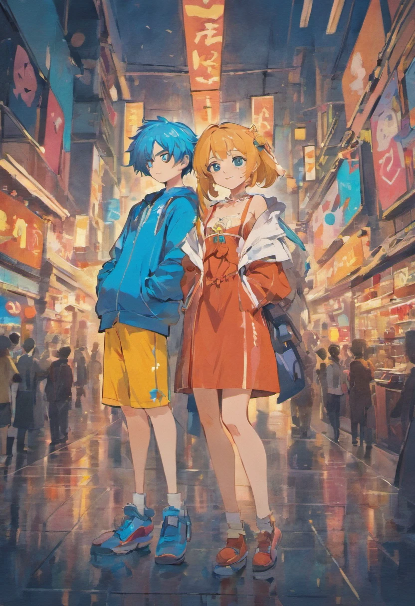 a couple of anime characters standing next to each other and happily posing for a picture (Boy and Girl), a blue vibrant color pallet, lightly smiley faces, casual clothes, 8k, high quality, ray tracing, looking at the camera, holding phones