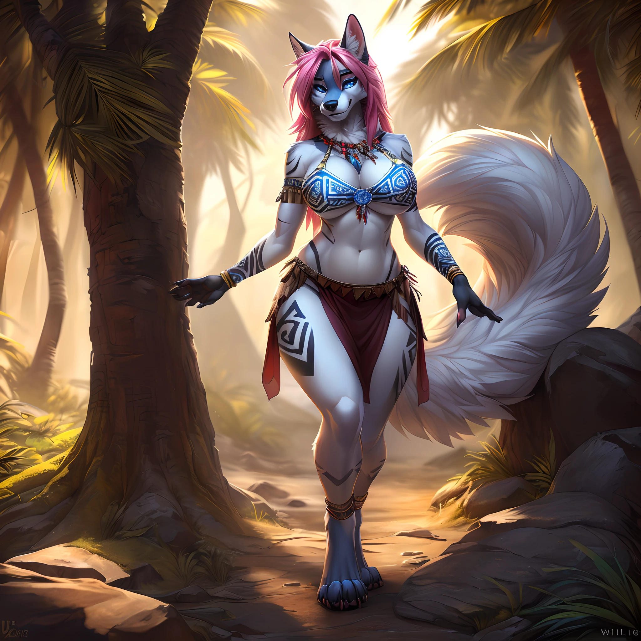 uploaded on e621, (by Wildering, by Koul, by fluff-kevlar, by aycee), solo, neck tuft, hip tuft, leg tuft, fluffy tail, blue eyes)), ((full-body portrait)), (masterpiece), (best quality), (anthro furry:1.3, snout:1.2, anthro:1.3, furry:1.2, solo female:1.2), (thick figure, curvy figure), (wide hips), (extremely thick thighs), (huge breasts, perky breasts), (sexy pose, suggestive pose), (((canine, black and white fur, blue tribal patterns))) BREAK (((skimpy tribal outfit, loincloth, full body, digitigrade feet, long pink hair))), (simple background, depth of field, sunlight, ambient light on the body), (intricate:0.7), (high detail:1.3), (unreal engine:1.3), (sharp focus:1.15), [explicit content, questionable content], (masterpiece, best quality, 4k, 2k, shaded, absurd res)