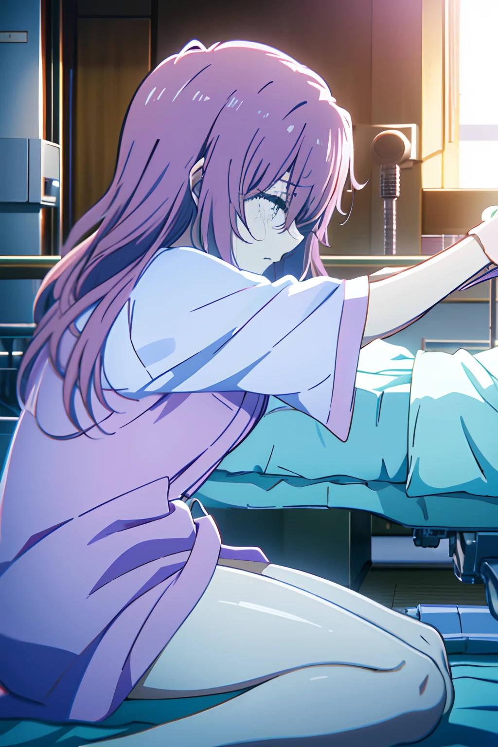 tmasterpiece，Best quality at best，1girll，Shouko Nishimiya，saddened，streaming tears，breast enhancement，Lying on a hospital bed，A pink-haired，long whitr hair，hair messy，Bathrobe hospital gown