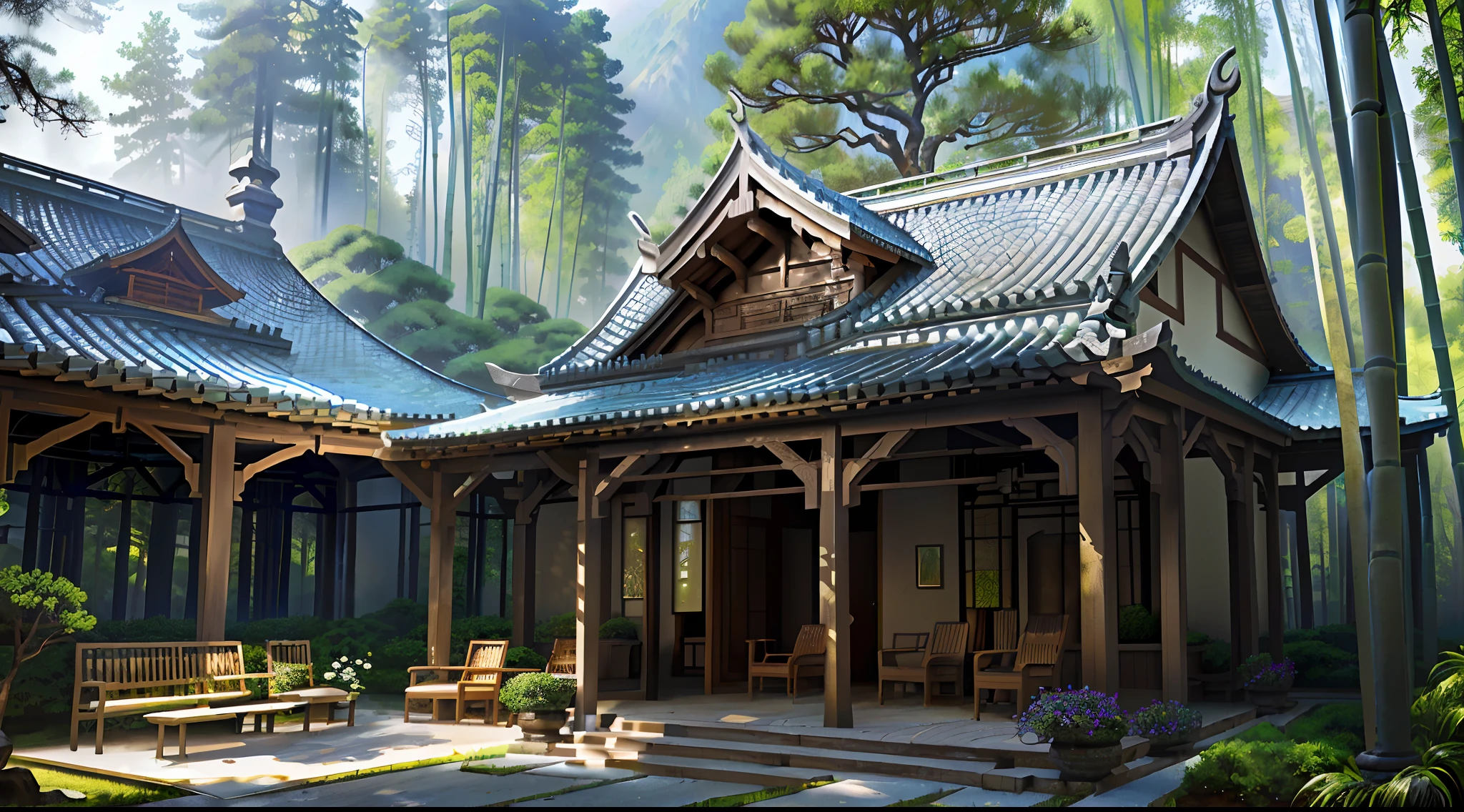Courtyard painting with table, chairs and benches，Realistis，realisticlying，Relaxing concept art，pines，bamboo forrest，immensely detailed scene，Beautiful artwork，Detailed landscapes ，highly detailed scenario，