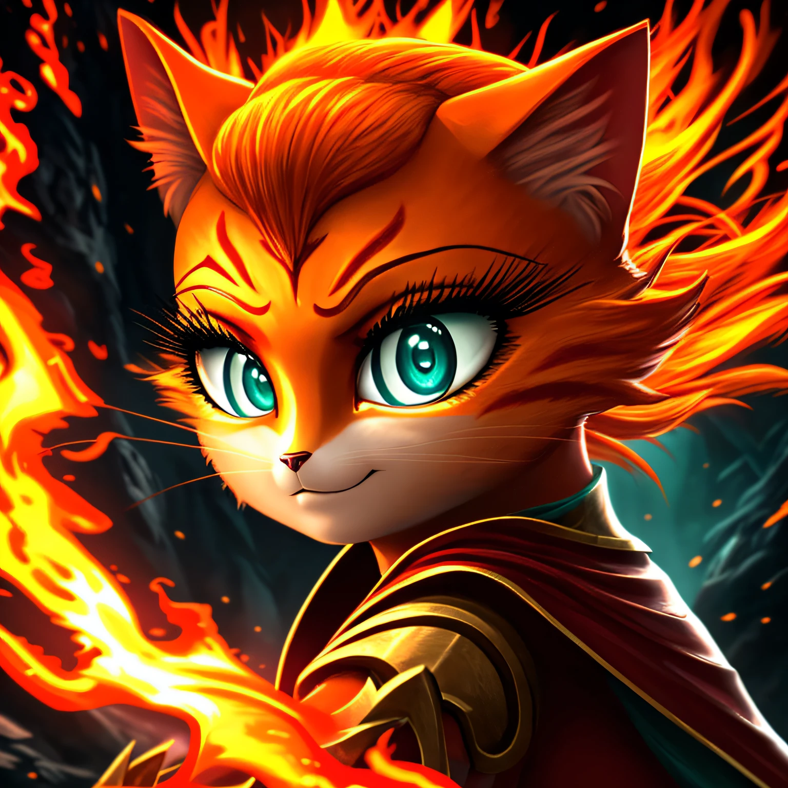 high quality digital illustration, close up portrait, perfect portrait, cinematic composition, fantasy style art, a pretty and heroic young anthropomorphic female cat, orange fur, orange hair, orange color, orange face, long eyelashes, big eyelashes, pretty eyes, teal eyes, faintly glowing teal eyes, protagonist, a female orange haired and teal-eyed cat warrior, red warrior dress, looking heroic, slight smile, determined look, fire, swirling fire, fire in the air, dramatic lighting, 4k, stunning visuals