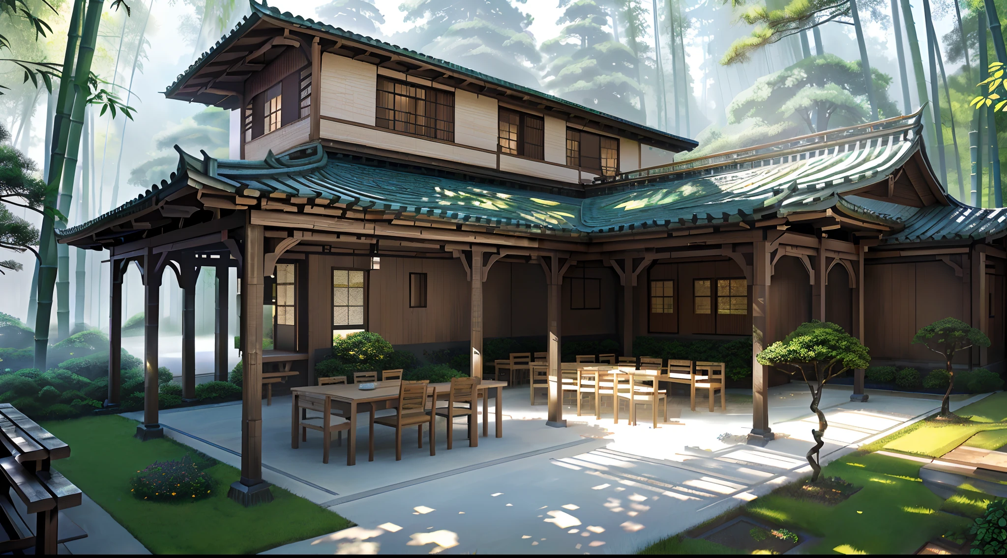 Courtyard painting with table, chairs and benches，Realistis，realisticlying，Relaxing concept art，pines，bamboo forrest，immensely detailed scene，Beautiful artwork，Detailed landscapes ，highly detailed scenario，