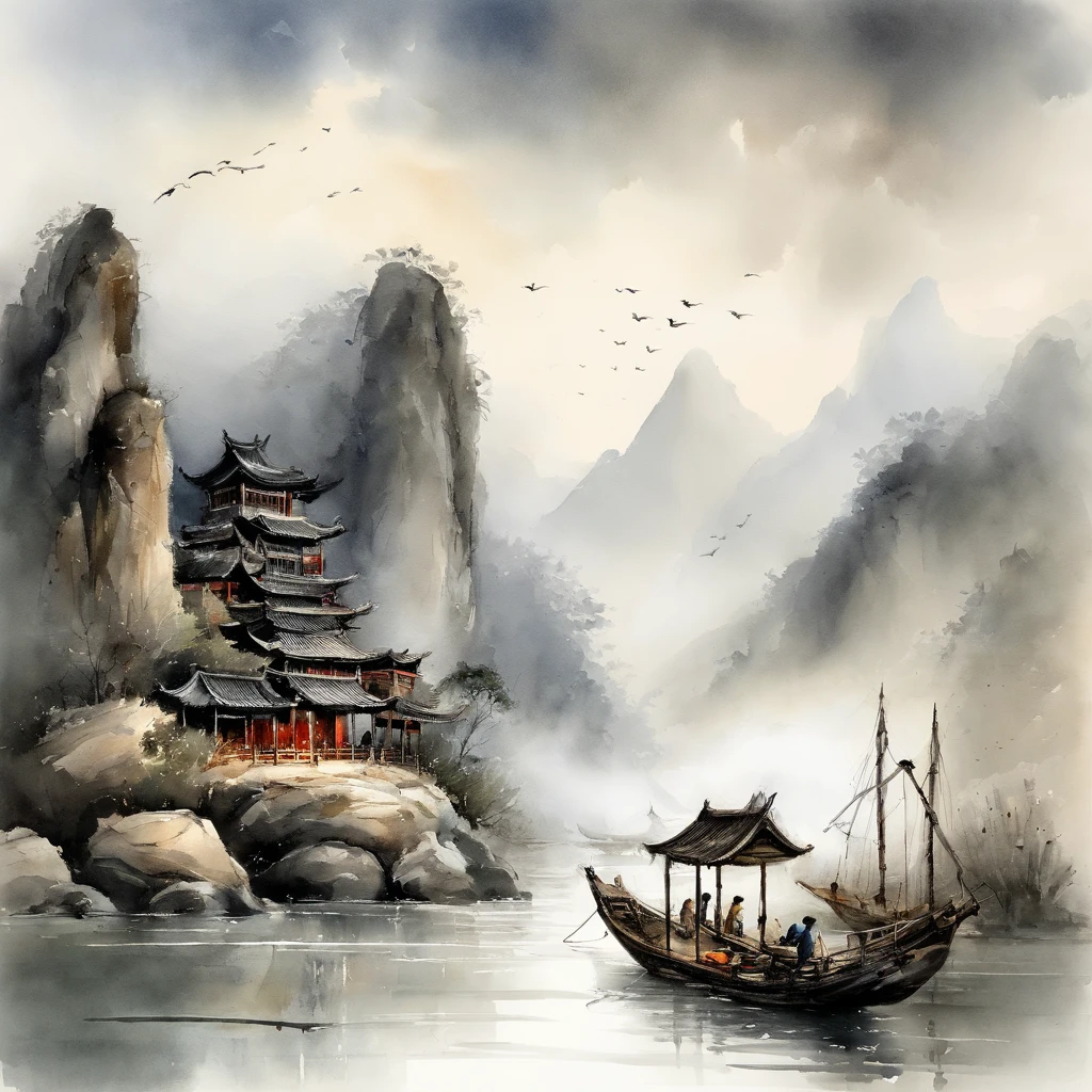 Chinese landscape painting,ink and watercolor painting,water ink,ink,Smudge,Meticulous,water ink,Smudge,Meticulous,Smudge,low-saturation,Low contrast,The light boat has crossed the Ten Thousand Heavy Mountains,Beautifully depicted,A detailed,acurate,Works of masters,tmasterpiece