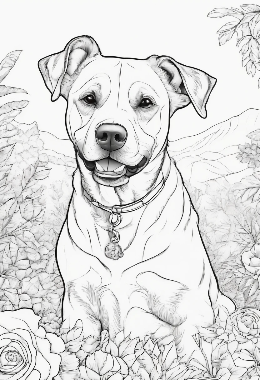 Coloring book of a dog, cartoon style, thick lines, no color, white background, only lines