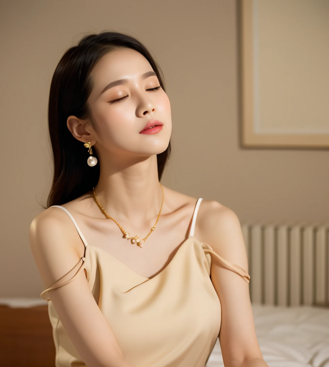 The Araki woman sat on the bed，Close your eyes and close your eyes, Inspired by Huang Ji, wearing elegant jewellery, Li Zixin, jia, Lovely woman, shaxi, inspired by Jiang Tingxi, Beautuful Women, attractive neck, pearls necklace, gold and pearl necklaces, Inspired by Tang Yifen, nanquan, Gold necklace, Inspired by Zheng Xie