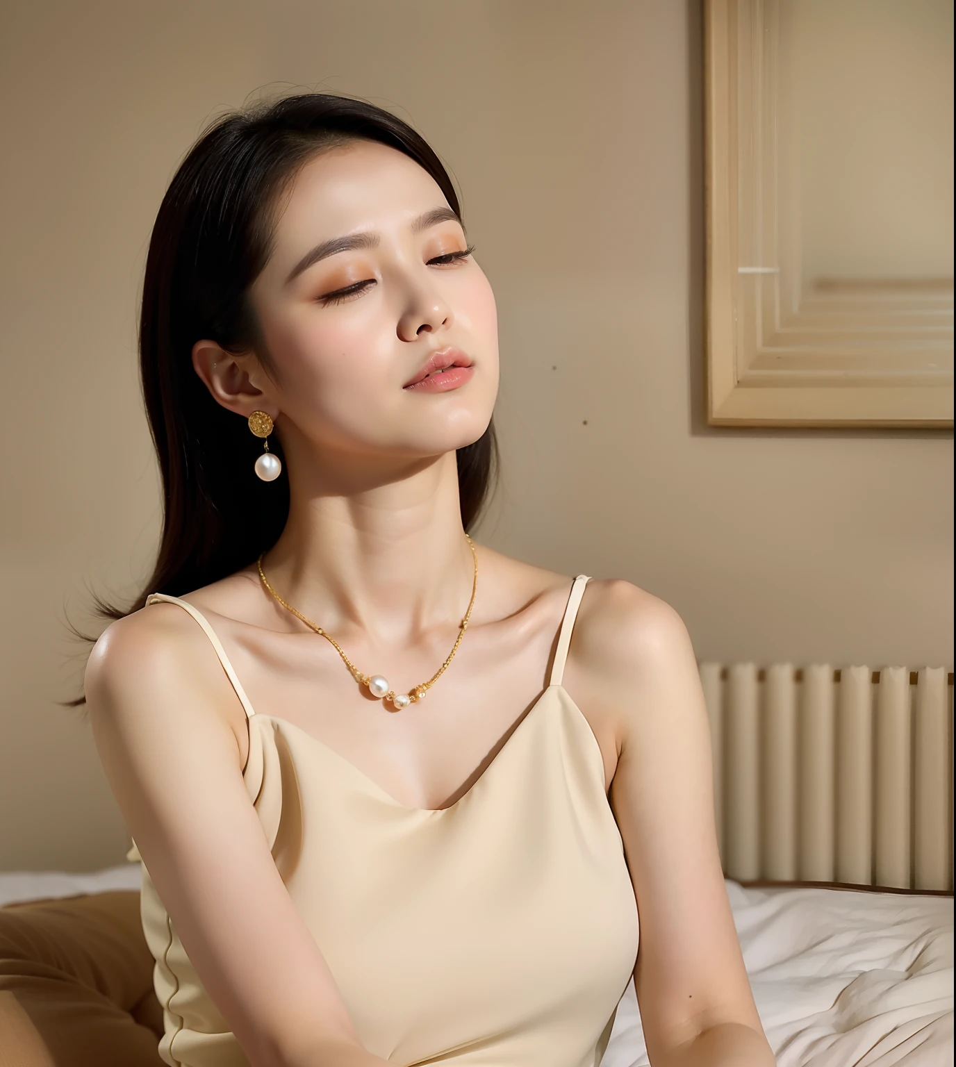 The Araki woman sat on the bed,Close your eyes and close your eyes, Inspired by Huang Ji, wearing elegant jewellery, Li Zixin, jia, Lovely woman, shaxi, inspired by Jiang Tingxi, Beautuful Women, attractive neck, pearls necklace, gold and pearl necklaces, Inspired by Tang Yifen, nanquan, Gold necklace, Inspired by Zheng Xie