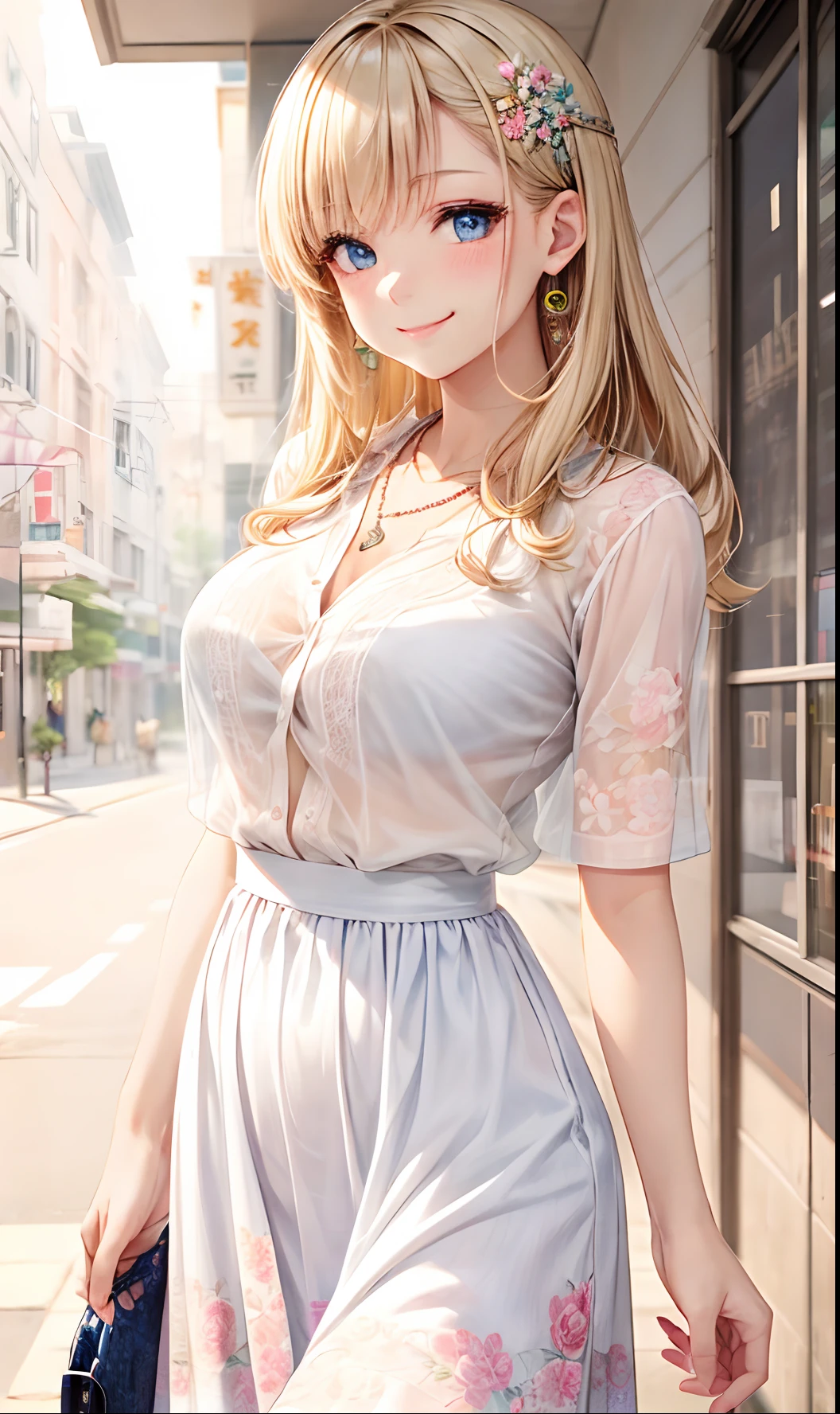 absurderes, ultra-detailliert,bright colour, extremely beautiful detailed anime face and eyes,top-quality、masutepiece、(1womanl:1.5),(Smooth straight blonde hair:1.3), (Shiny hair:1.1), Delicate beautiful face, red blush,(Deep Blue Eyes:1.3 ) White skin, hair clips, a necklace,(Oversized sheer shirt:1.3),(Floral long skirt:1.3) (nightcity:1.3),Bustling street、(Nitanita Smile:1.5)、(Model Posing:1.3)