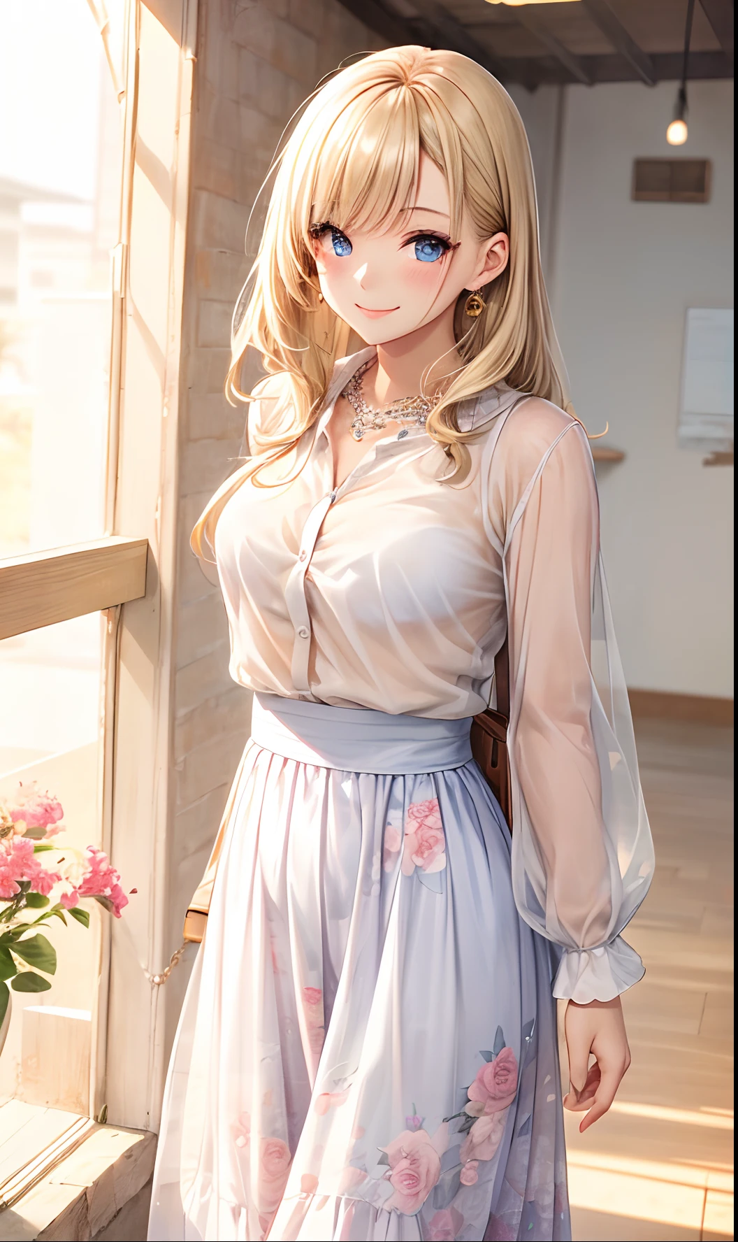 absurderes, ultra-detailliert,bright colour, extremely beautiful detailed anime face and eyes,top-quality、masutepiece、(1womanl:1.5),(Smooth straight blonde hair:1.3), (Shiny hair:1.1), Delicate beautiful face, red blush,(Deep Blue Eyes:1.3 ) White skin, hair clips, a necklace,(Oversized sheer shirt:1.3),(Floral long skirt:1.3) (nightcity:1.3),Bustling street、(Nitanita Smile:1.5)、(Model Posing:1.3)