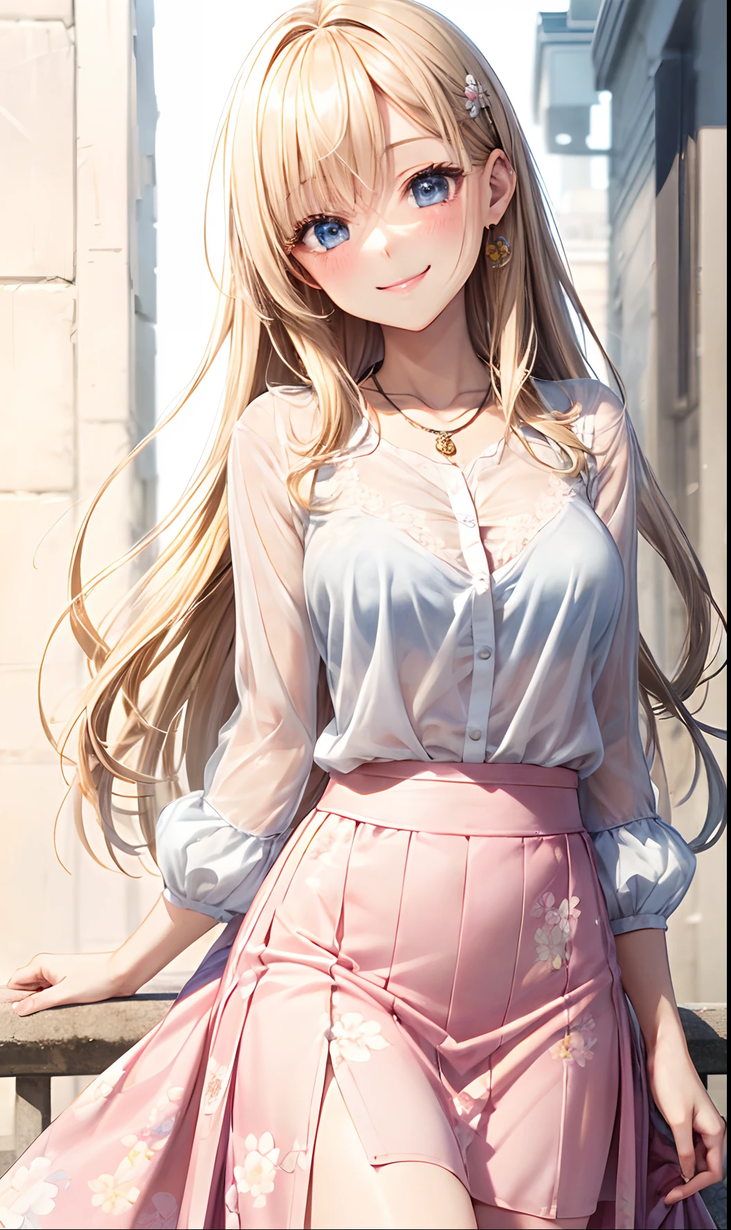 absurderes, ultra-detailliert,bright colour, extremely beautiful detailed anime face and eyes,top-quality、masutepiece、(1womanl:1.5),(Smooth straight blonde hair:1.3), (Shiny hair:1.1), Delicate beautiful face, red blush,(Deep Blue Eyes:1.3 ) White skin, hair clips, a necklace,(Oversized sheer shirt:1.3),(Floral long skirt:1.3) (nightcity:1.3),Bustling street、(Nitanita Smile:1.5)、(Model Posing:1.3)