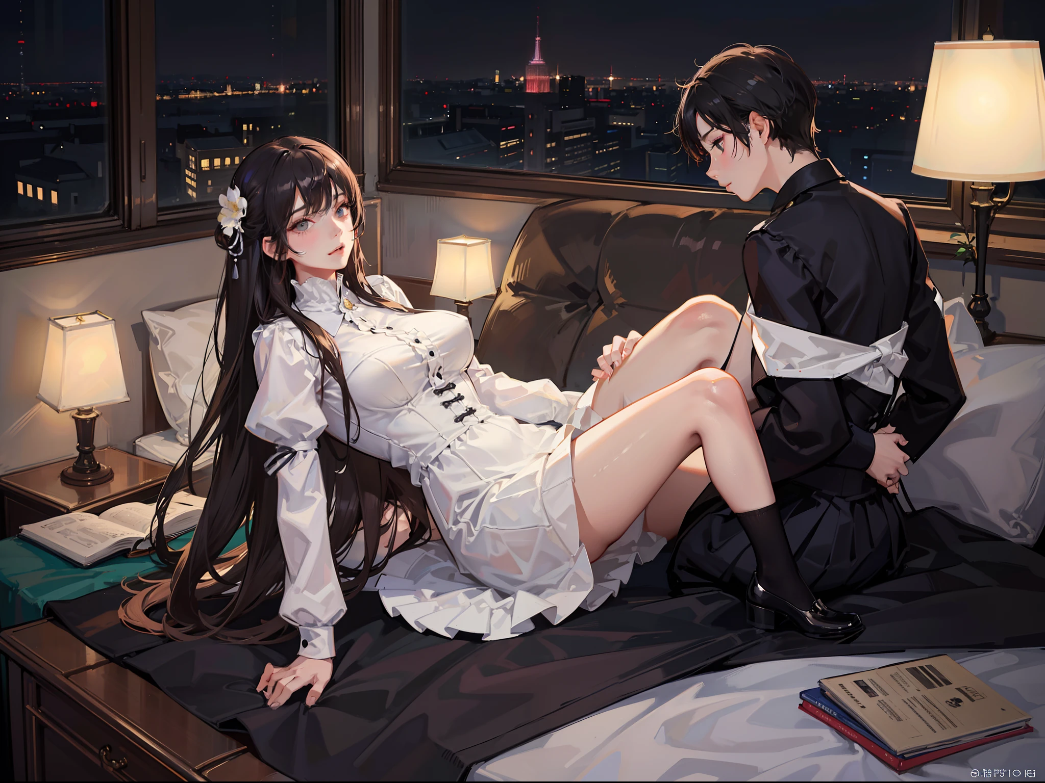 2 Man and woman in bedroom with bed, A man and a woman kiss, Carrying a woman on her shoulders, Short skirt with black hair, JK clothing, white stockings, Modern bedroom, Big bed, flower pots, Floor flowers, Large windows overlooking the city, the night, lamp lights, Soft light, Moonlight outside the window, The is very detailed, beaturiful body, Clear image, High detail commercial illustration, cover illustration, commission for high resolution, in style of digital illustration, close scene, romance novel cover, cover illustration, Background Illustration, Figure 8K, Realistic art style, Professional illustration, Artistic cover, Stylized works of urban fantasy, Official illustration, 数字插图 -