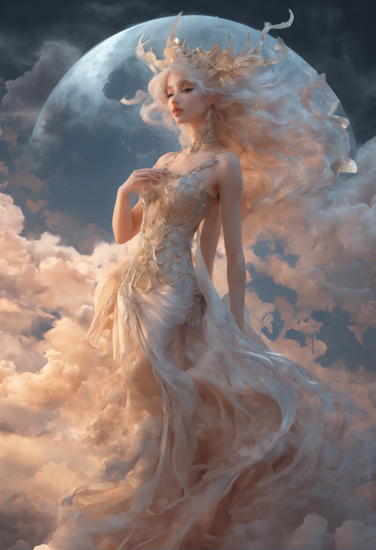 ((Need)), ((tmasterpiece)), (A detailed), Enchanting succubus, Ethereal beauty, Perched in clouds, (fantasy illustrations:1.3),captivating posture, delicate wings, otherworldly charm, (Luis Royo:1.2), (Yoshitaka Amano:1.1), Moon Night, pastelcolor, (Detailed cloud view:1.3)