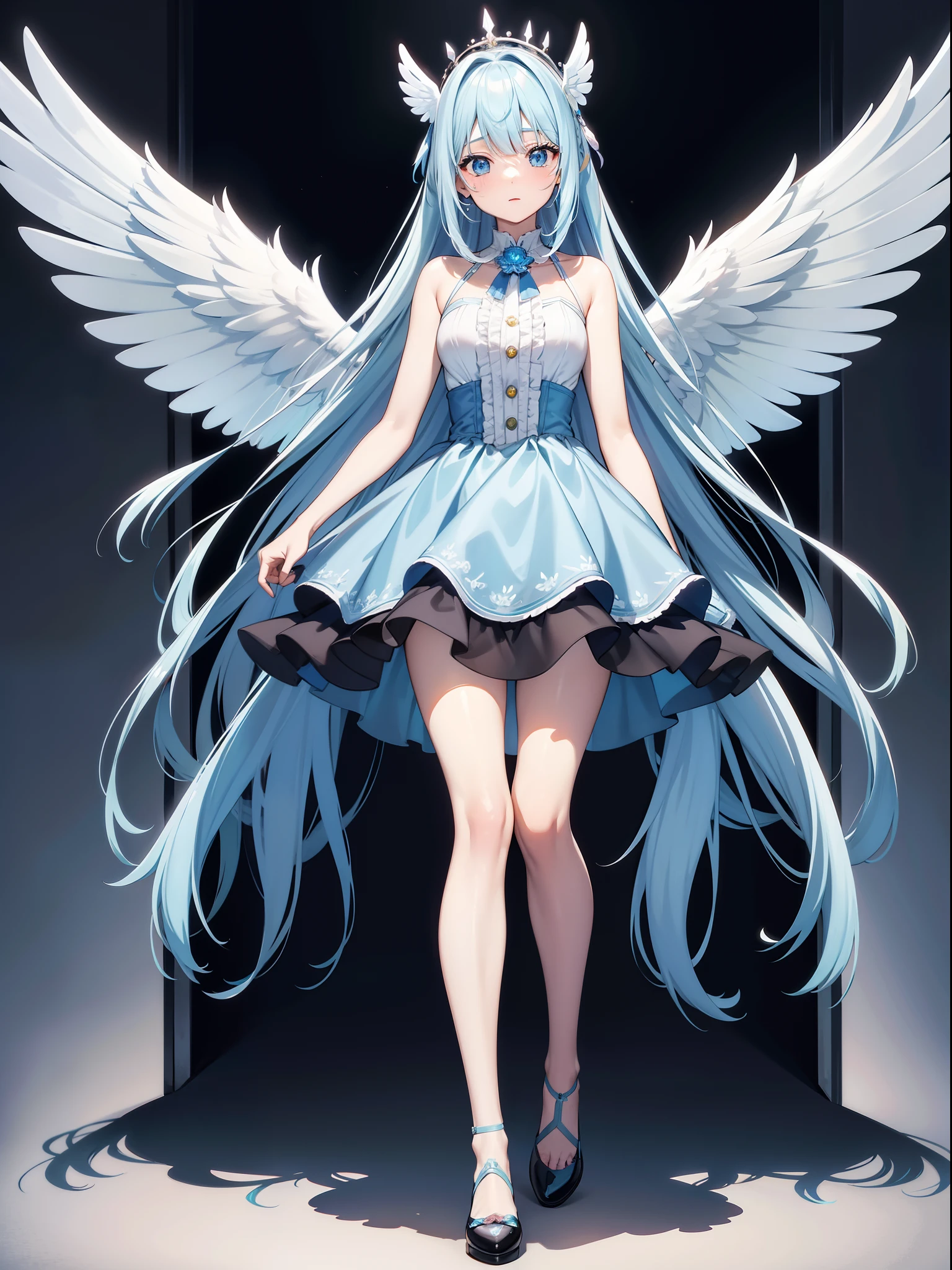 masutepiece, Best Quality, best faces, ultra-detailliert, finely detail, a beauty girl, Angel, large iridescent wings on the back, Light blue long hair, Blue eyes, Standing figure,Facing straight ahead, Pastel Blue Dress, Full body, Long hair, fringe, , Black shoes, inaccessible, iridescent wings on the back, Dress hands