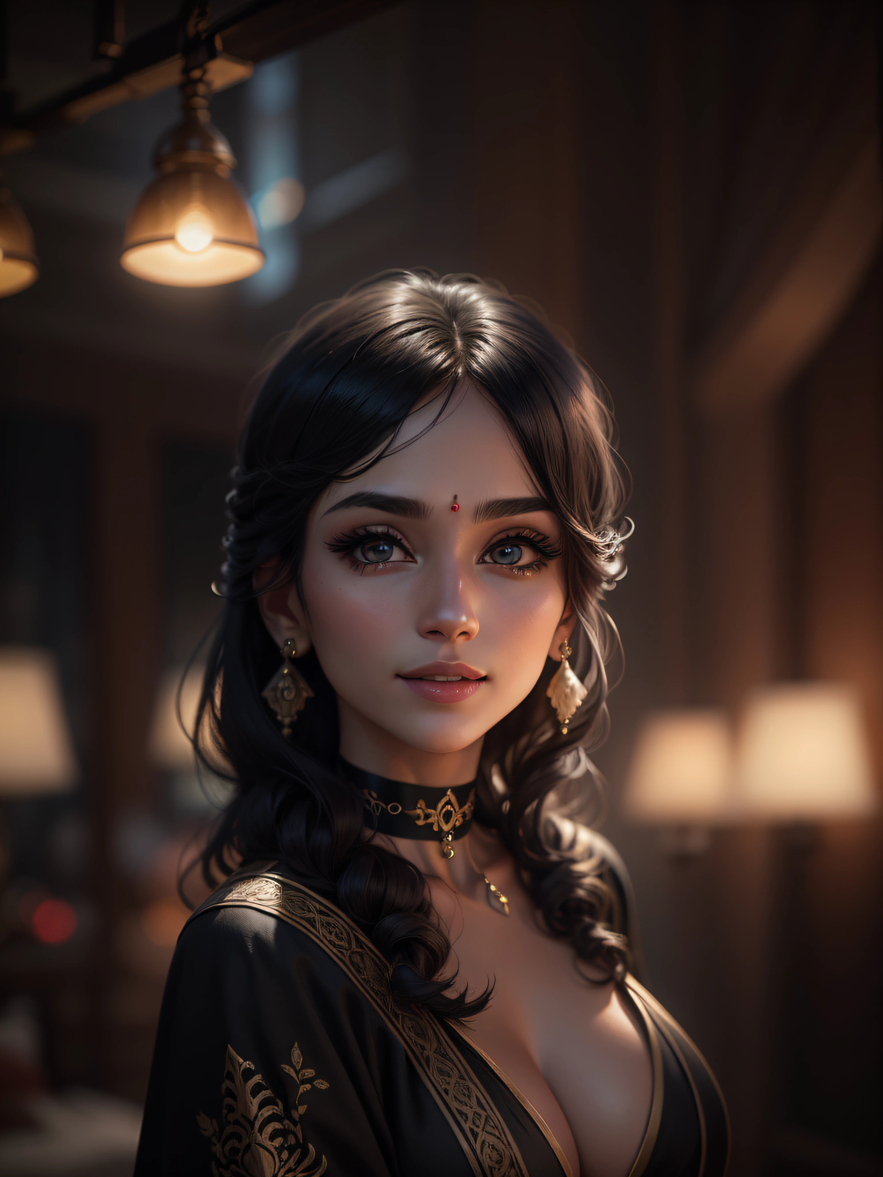 an Indian girl in a black sheered robe posing for a picture, wearing edgTemptation, indoors, a luxurious hotel, night, plants, smile, mixed Indian, background blur, focus, professional photography, dynamic angle shot, film grain, bokeh, ray tracing, dynamic lighting, tilt camera, from a front shot, lens flare, (((masterpiece))), ((best quality)), ((NSFW)), ((intricate detailed)), ((realistic)), (50mm Sigma f/1.4 ZEISS lens, F1.4, 1/800s, ISO 100, photograpy:1.1), perspective, brown, milf, mature woman, sensual position, highly detailed, illustration, 1girl, ((big breasts)), beautiful detailed eyes, long hair, bang, brown hair, brown eyes, black choker, earrings, detailed background, perfect eyes, seductive eyes, looking at the viewer, from front, looking at camera