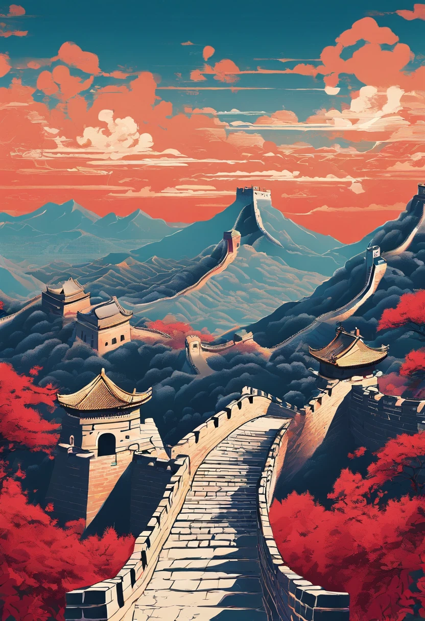 Chinese painting, Modern Chinese background, (Great wall:1.4),mountain ranges,Auspicious clouds,Pavilions,rays of sunshine,Adopt a psychedelic color scheme,hyper detailed illustration,Light red and sky blue,Imaginary landscape,psychedelic manga,Landscapes and ultra HD images,Faraway view,1.4x realism,tmasterpiece, super detailing, Epic composition, hyper HD, high qulity, extremely detaile, offcial art, 统一 8k 壁纸,super detailing