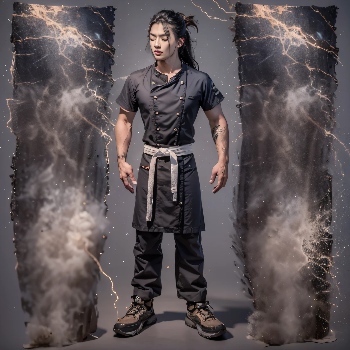 Full body male chef 32K（tmasterpiece，k hd，hyper HD，32K）Long flowing black hair，Camping area，zydink， a color， patriot （canyons）， （Linen batik scarf）， Combat posture， looking at the ground， Linen bandana， Chinese python pattern long-sleeved garment， （Abstract gouache splash：1.2）， Dark clouds lightning background，Flour flies（realisticlying：1.4），Black color hair，Flour fluttering，Background fog， A high resolution， the detail， RAW photogr， Sharp Re， Nikon D850 Film Stock Photo by Jefferies Lee 4 Kodak Portra 400 Camera F1.6 shots, Rich colors, ultra-realistic vivid textures, Dramatic lighting, Unreal Engine Art Station Trend, cinestir 800，Flowing black hair,（（（Male chef）））With his eyes closed
