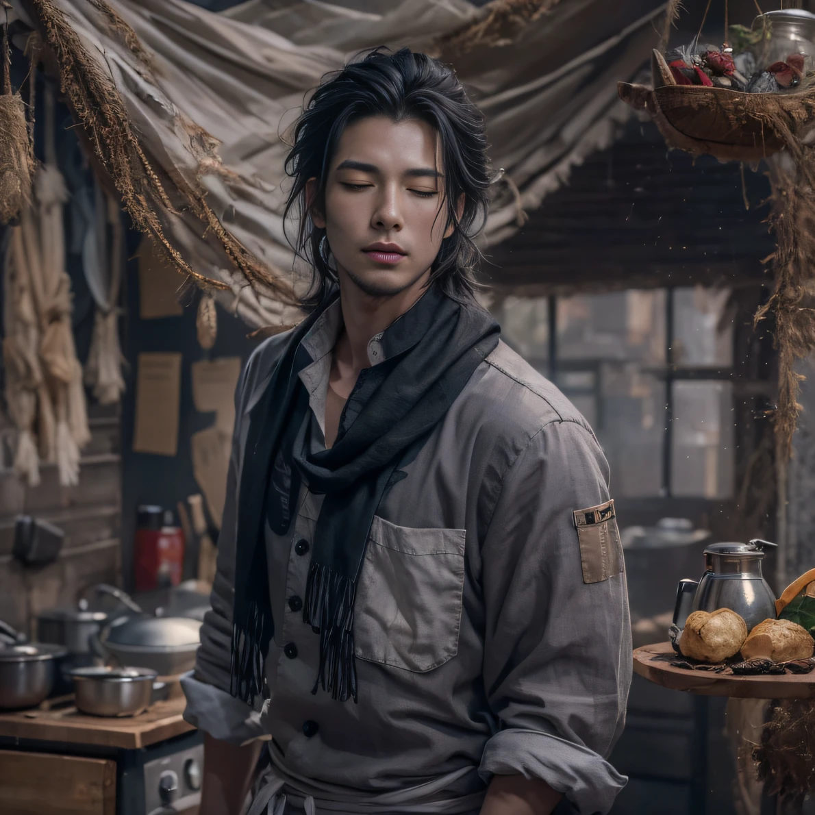 Full body male chef 32K（tmasterpiece，k hd，hyper HD，32K）Long flowing black hair，Camping area，zydink， a color， patriot （canyons）， （Linen batik scarf）， Combat posture， looking at the ground， Linen bandana， Chinese python pattern long-sleeved garment， （Abstract gouache splash：1.2）， Dark clouds lightning background，Flour flies（realisticlying：1.4），Black color hair，Flour fluttering，Background fog， A high resolution， the detail， RAW photogr， Sharp Re， Nikon D850 Film Stock Photo by Jefferies Lee 4 Kodak Portra 400 Camera F1.6 shots, Rich colors, ultra-realistic vivid textures, Dramatic lighting, Unreal Engine Art Station Trend, cinestir 800，Flowing black hair,（（（Male chef）））With his eyes closed