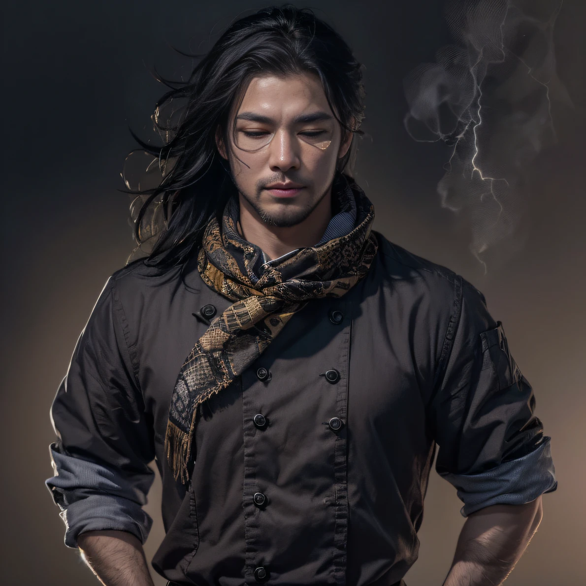 Full body male chef 32K(tmasterpiece,k hd,hyper HD,32K)Long flowing black hair,Camping area,zydink, a color, patriot (canyons), (Linen batik scarf), Combat posture, looking at the ground, Linen bandana, Chinese python pattern long-sleeved garment, (Abstract gouache splash:1.2), Dark clouds lightning background,Flour flies(realisticlying:1.4),Black color hair,Flour fluttering,Background fog, A high resolution, the detail, RAW photogr, Sharp Re, Nikon D850 Film Stock Photo by Jefferies Lee 4 Kodak Portra 400 Camera F1.6 shots, Rich colors, ultra-realistic vivid textures, Dramatic lighting, Unreal Engine Art Station Trend, cinestir 800,Flowing black hair,(((Male chef)))With his eyes closed